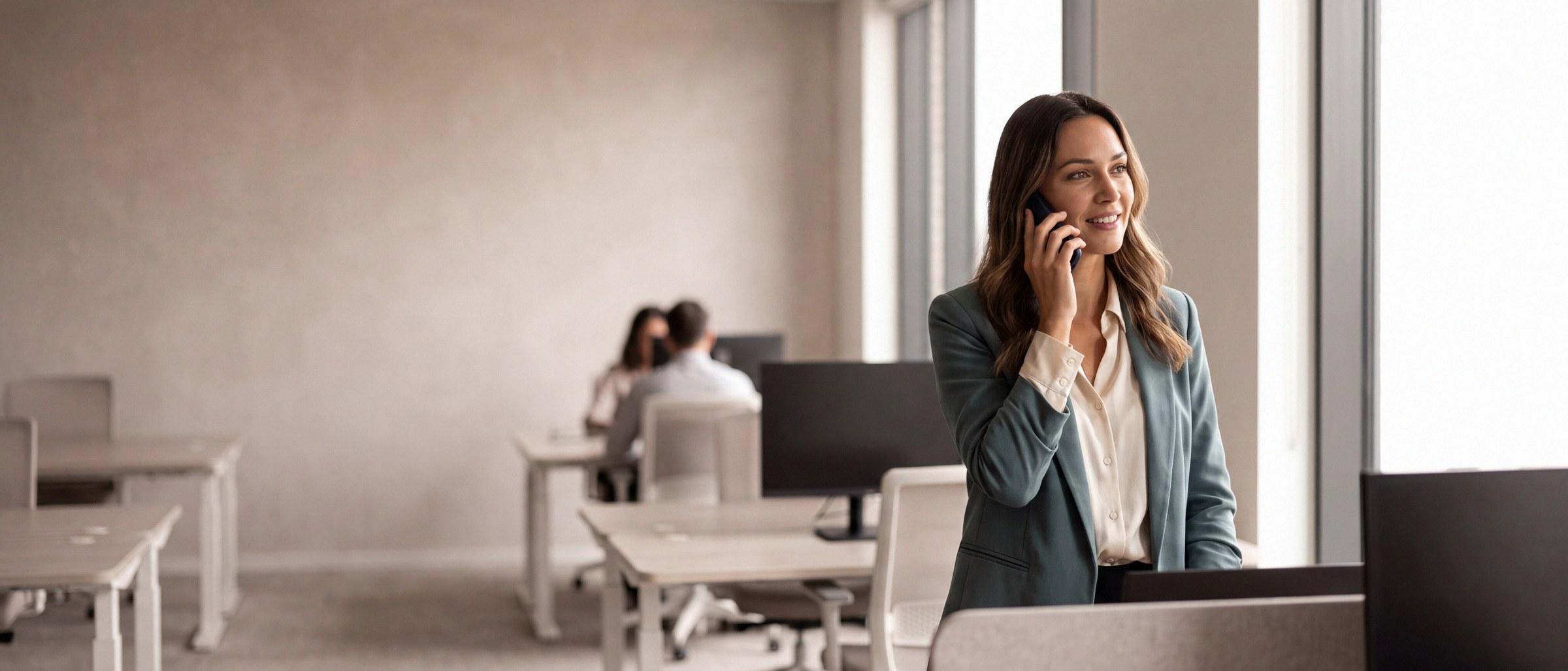 An agency consultant at a desk with a headset, mid-call
