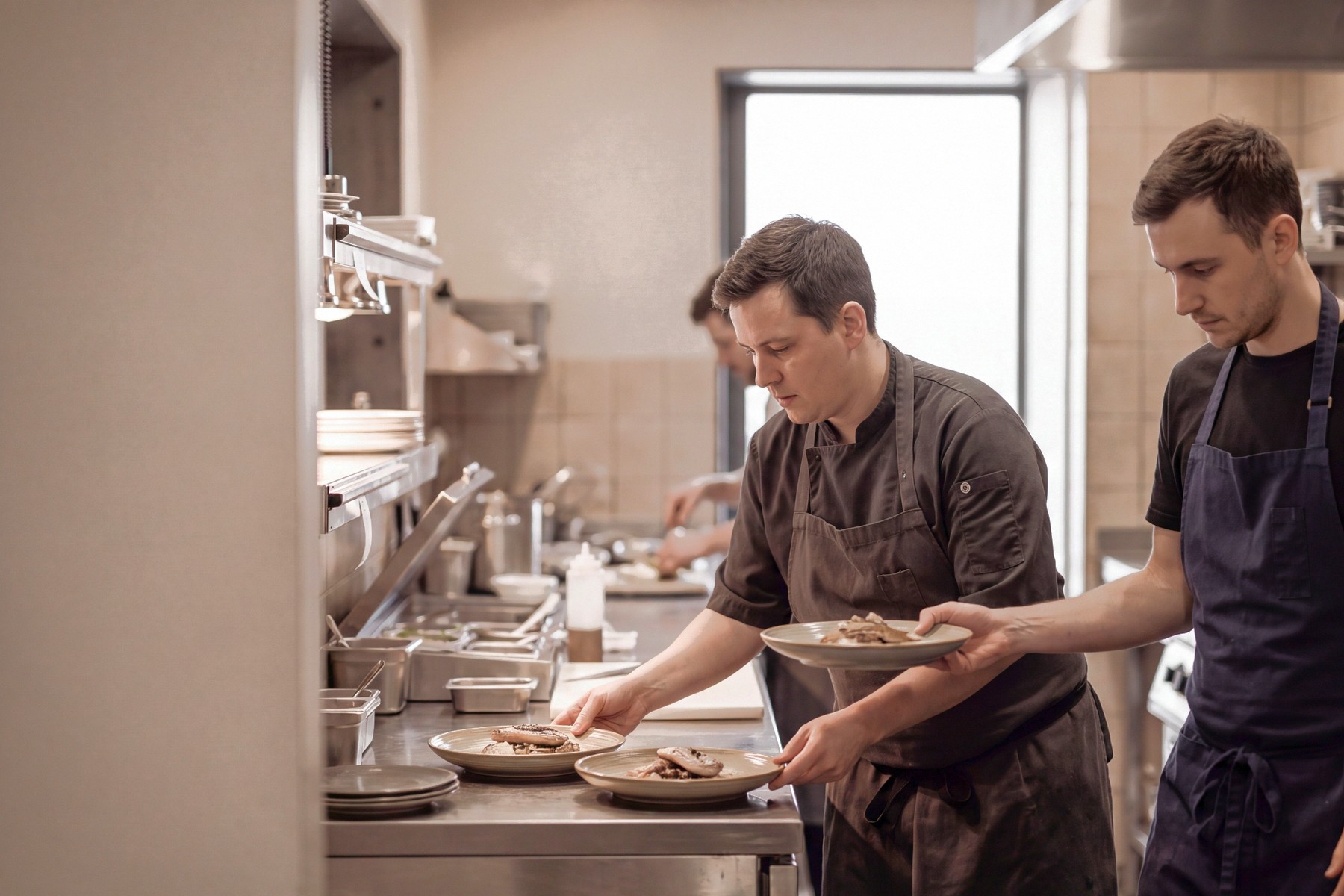 Een medewerker bediening met borden in een vol restaurant