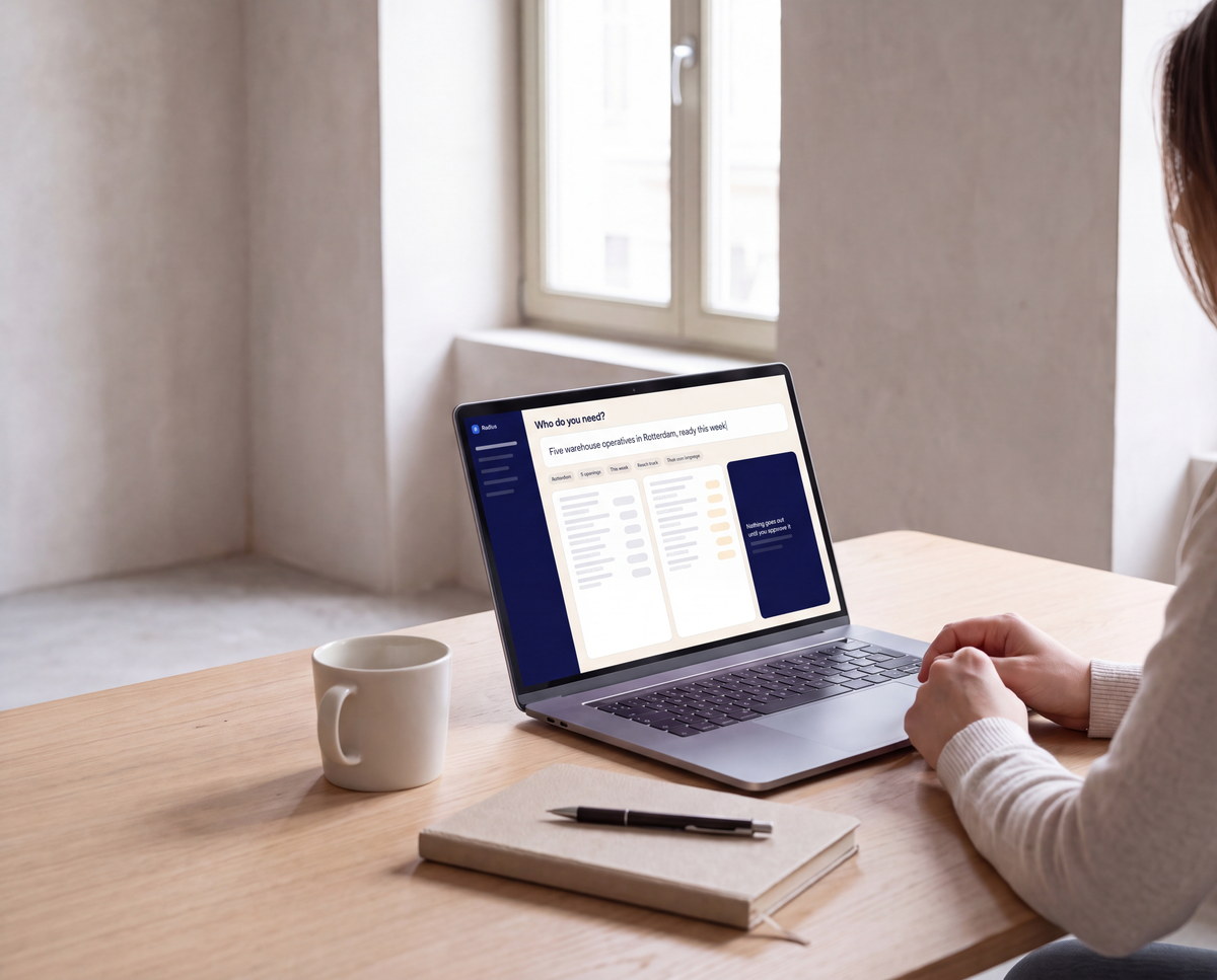 A recruiter typing the role she needs into Radius on her laptop