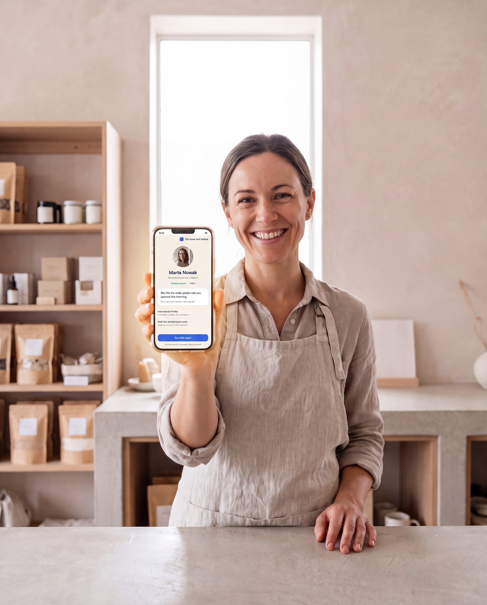 A candidate holding her phone with the WhatsApp conversation Radius started