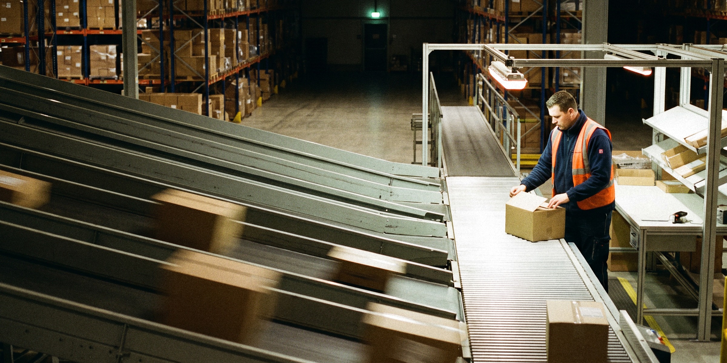 A parcel sorting hub at night: parcels race down several lanes while an operator at a lit table opens one parcel to look inside