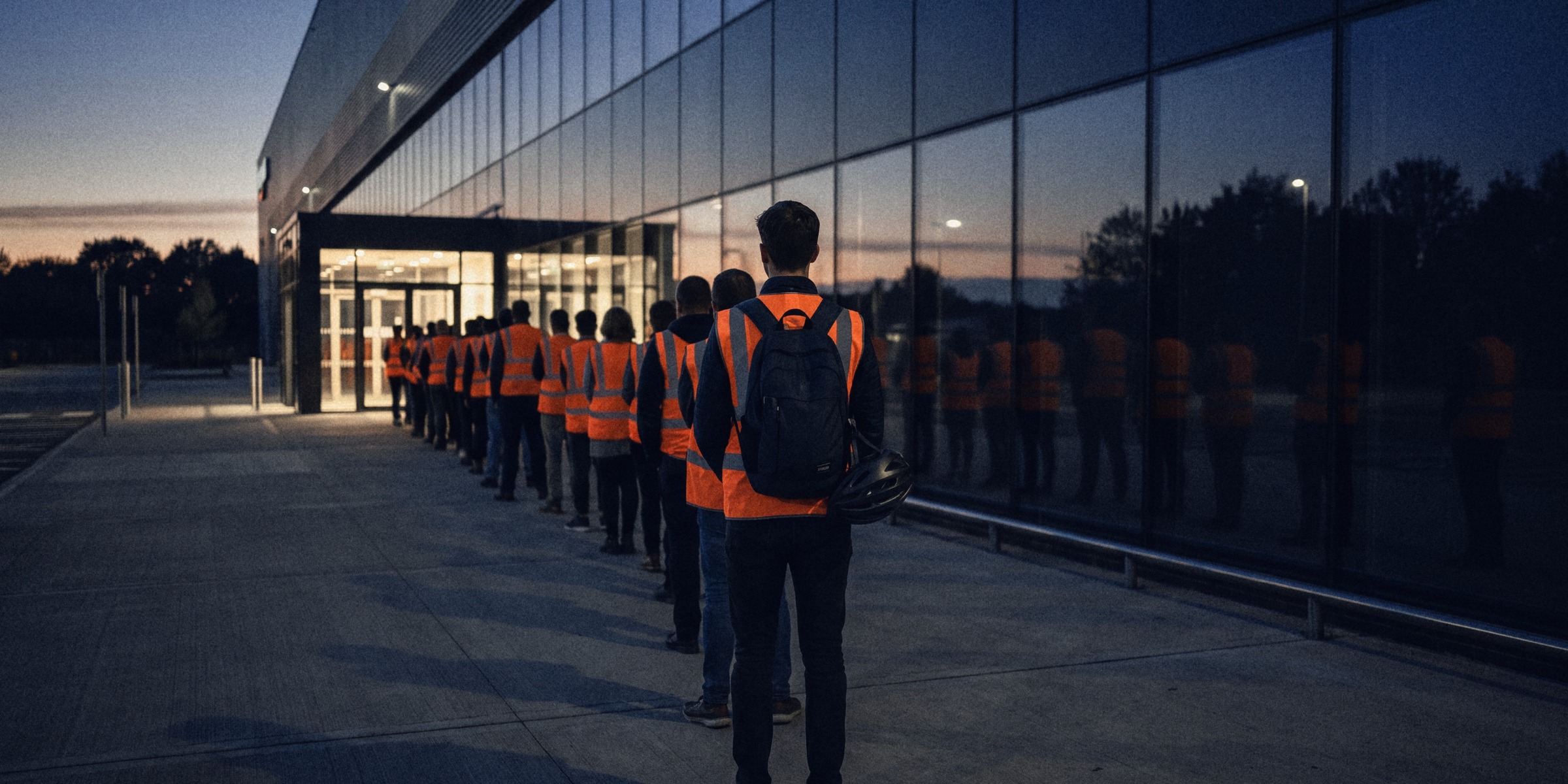 New starters in orange hi-vis vests queue along the glass front of a distribution centre at dawn, seen from behind the last man in line