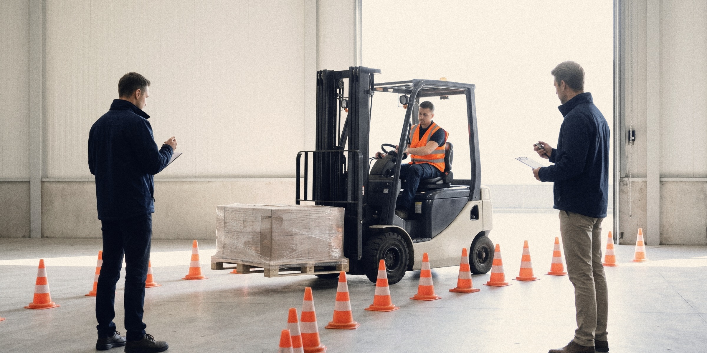 A candidate drives a forklift with a pallet through a course of orange cones while two assessors watch with a clipboard and a stopwatch