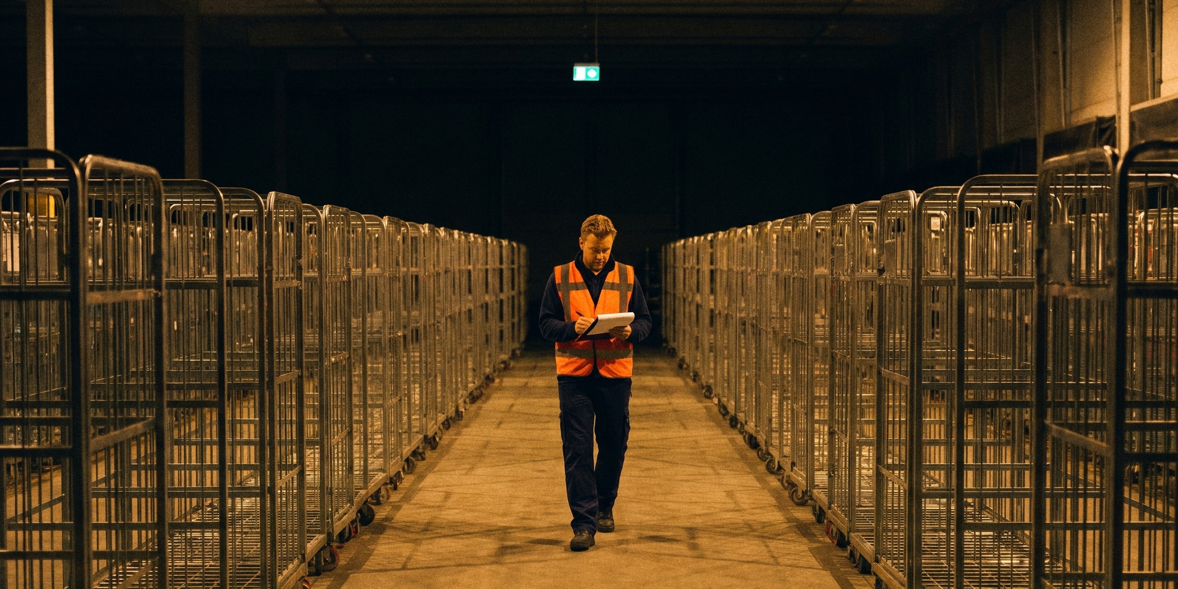 Rows of empty roll containers fill a warehouse floor at night; a supervisor walks between them, counting