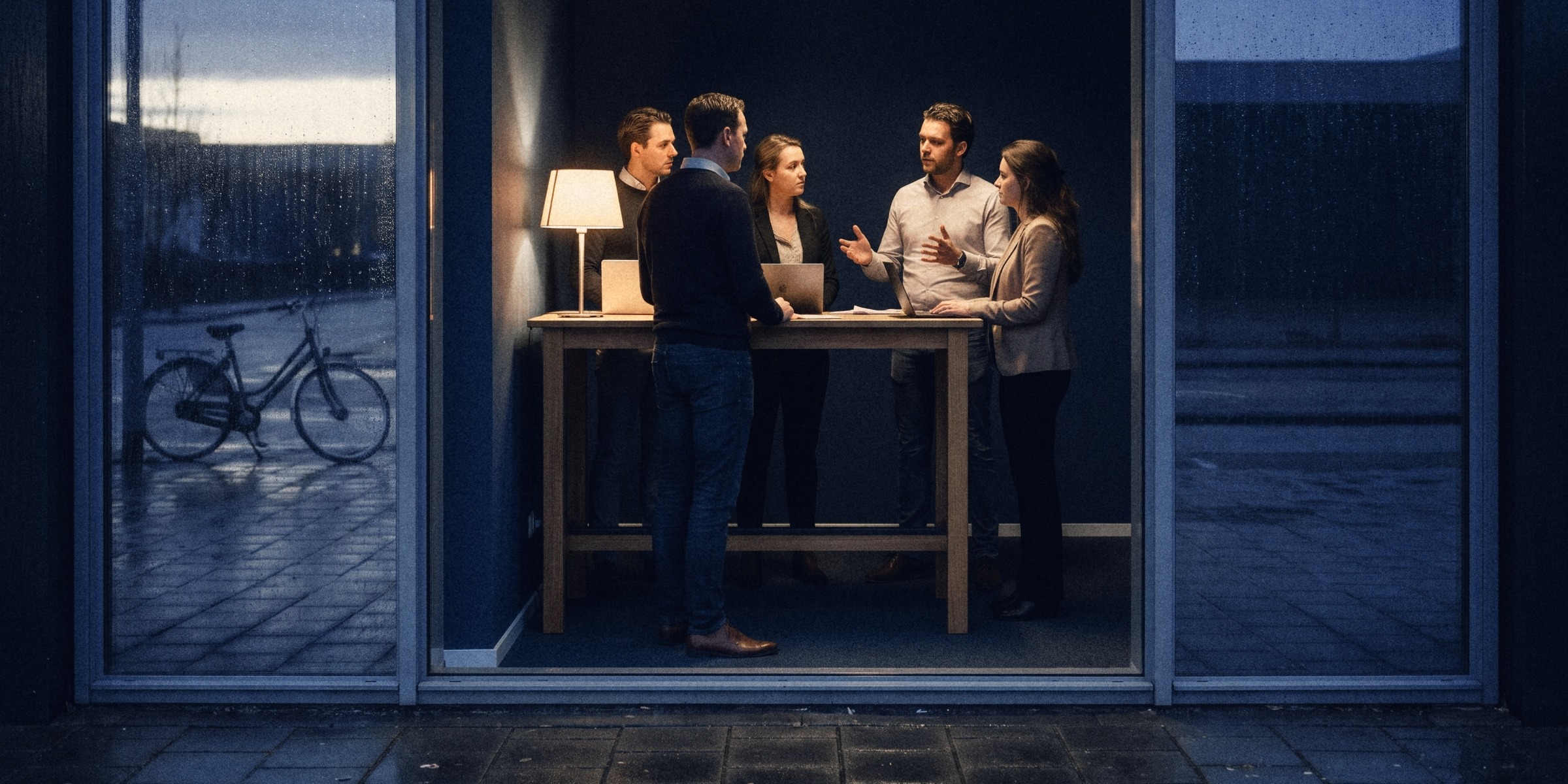 Seen through a shop window at dawn, an agency team stands around a tall table in a lamp-lit branch, a bicycle parked outside