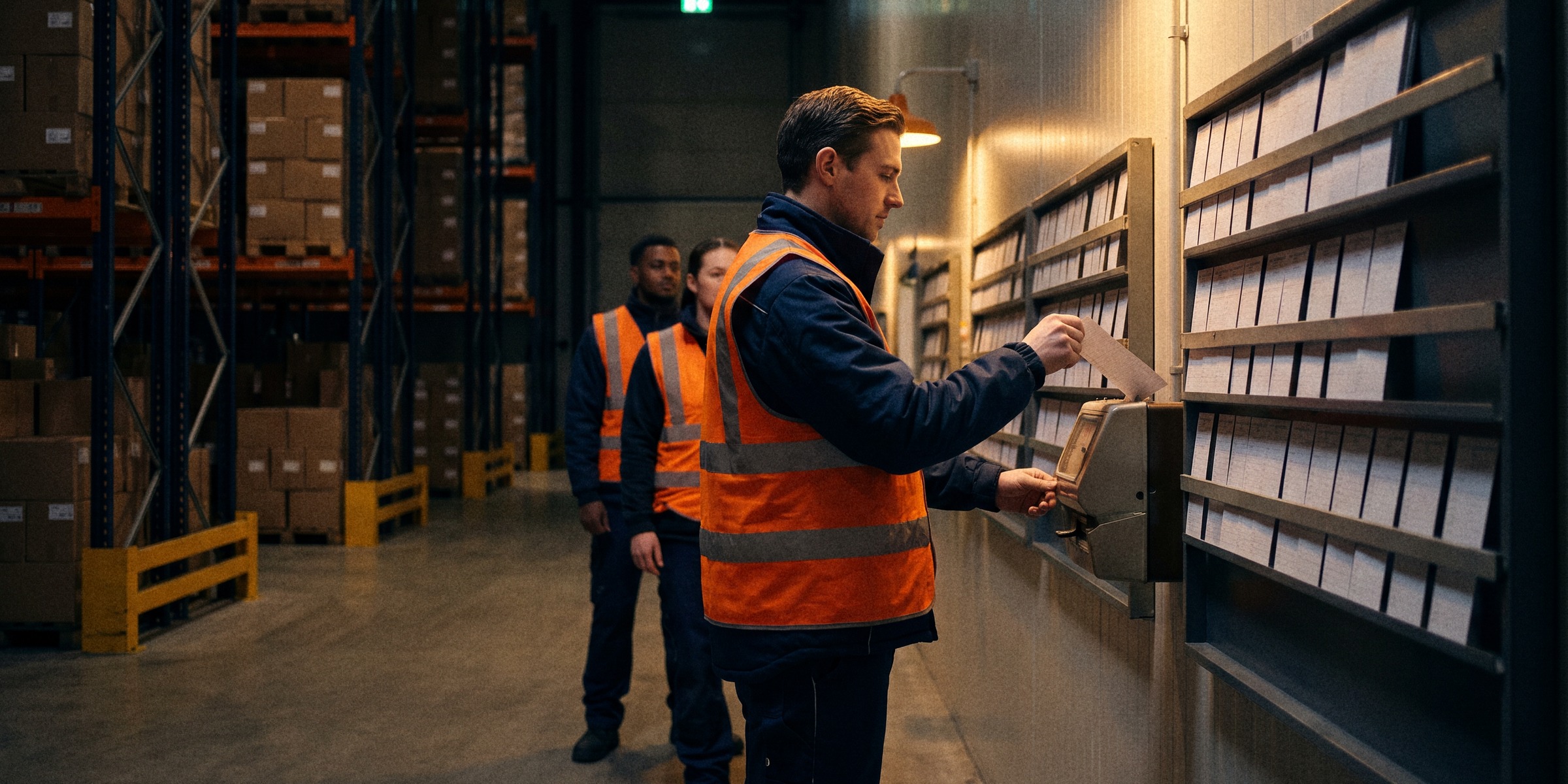 A warehouse worker in a hi-vis vest punches a time card at the clock between racks of cards, two colleagues waiting behind him