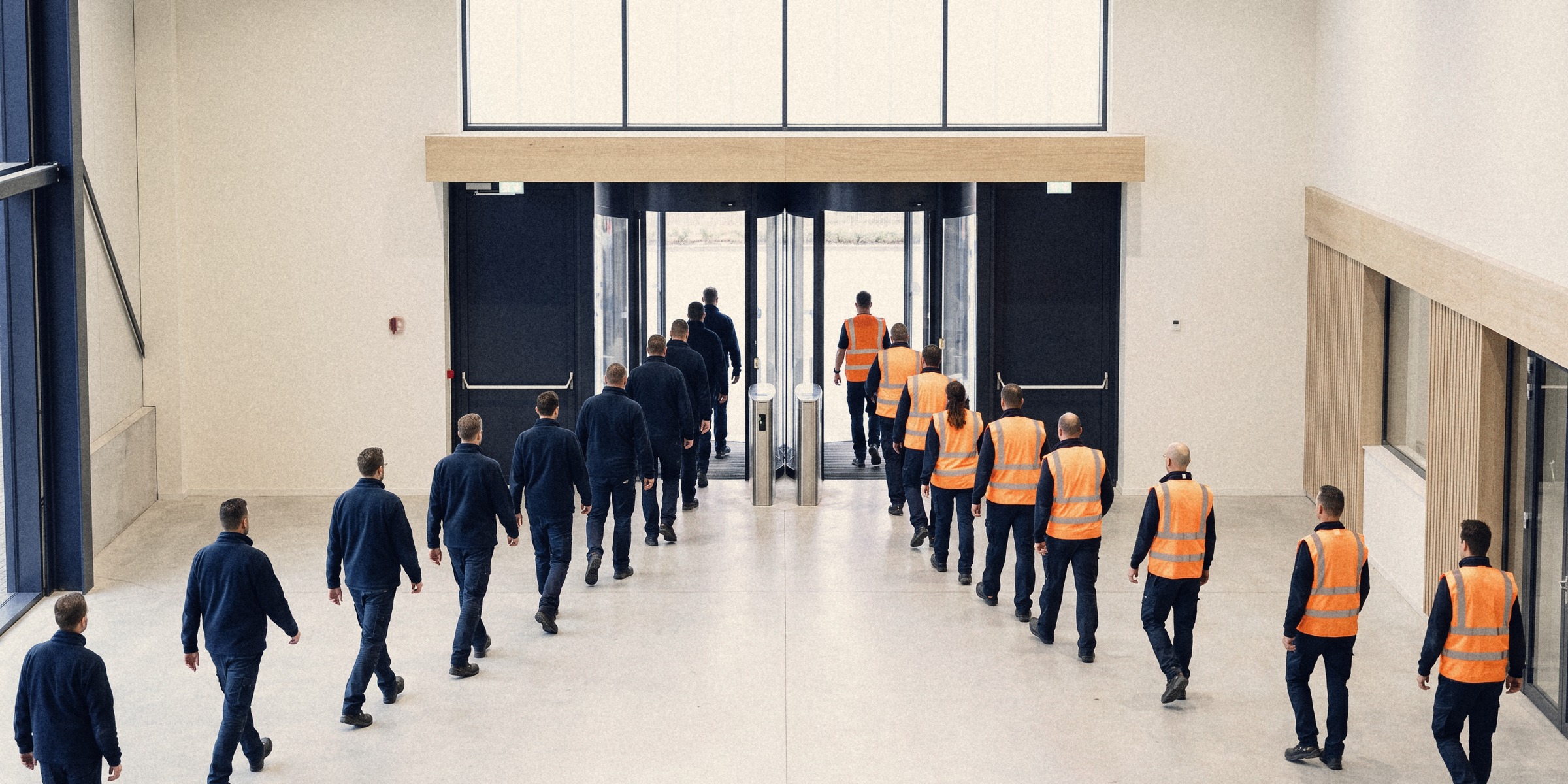 Two lines of workers, one in navy fleeces and one in orange vests, walk side by side through the turnstiles of one staff entrance