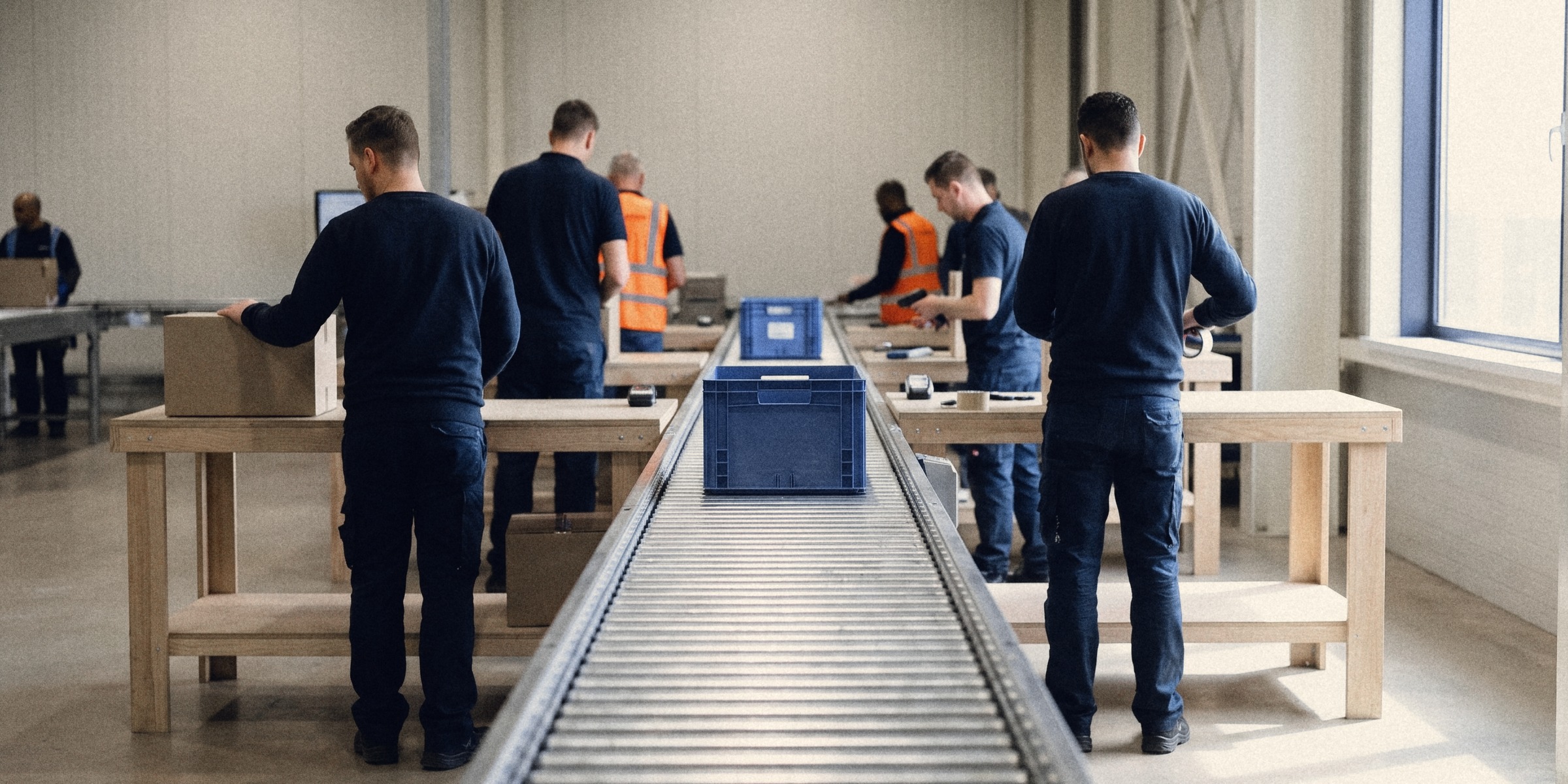 A blue tote travels a roller conveyor past packing stations, an operator in navy working at each one