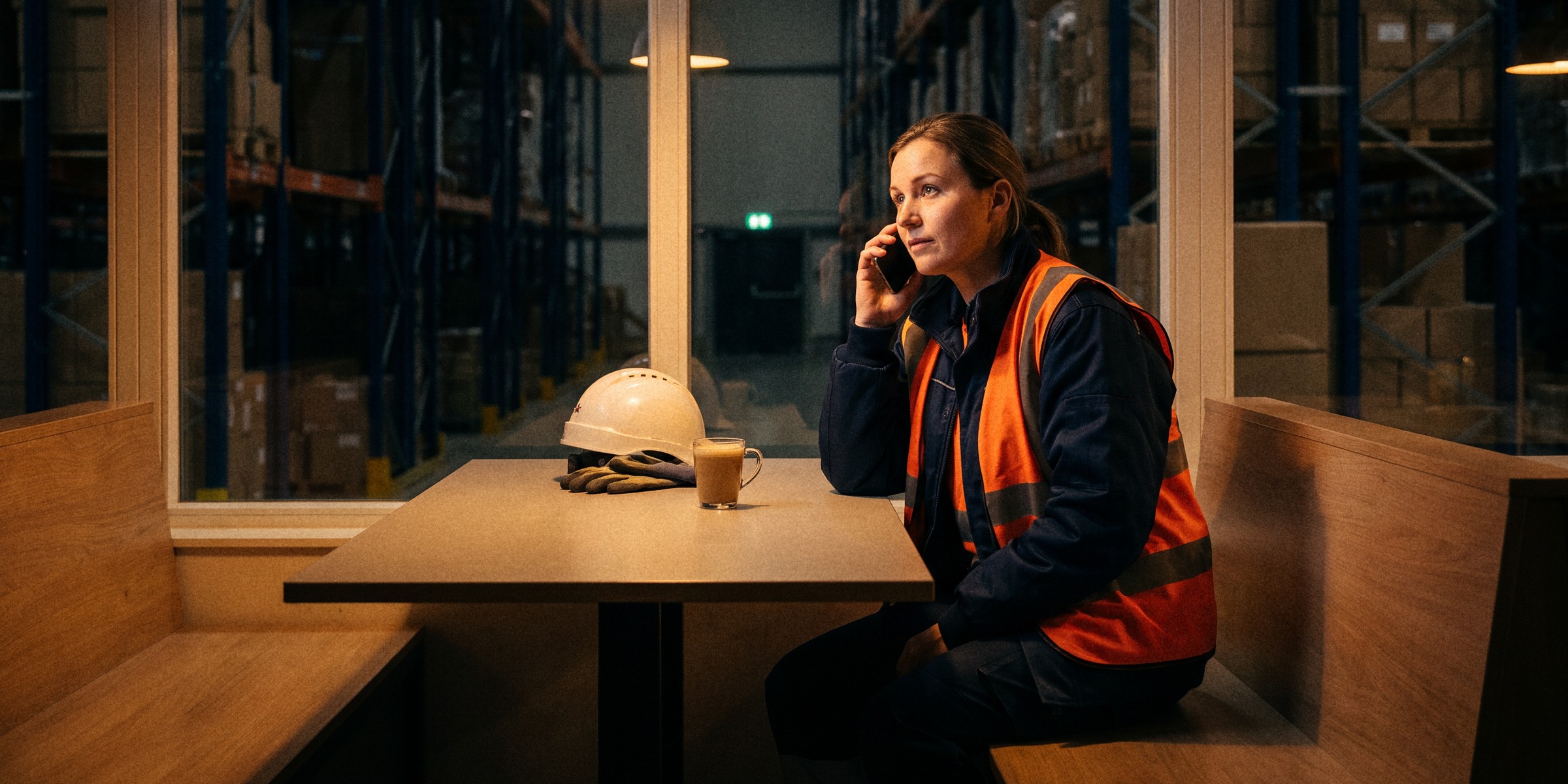 A warehouse worker on her night-shift break talks on the phone in the canteen, her hard hat, gloves and coffee on the table