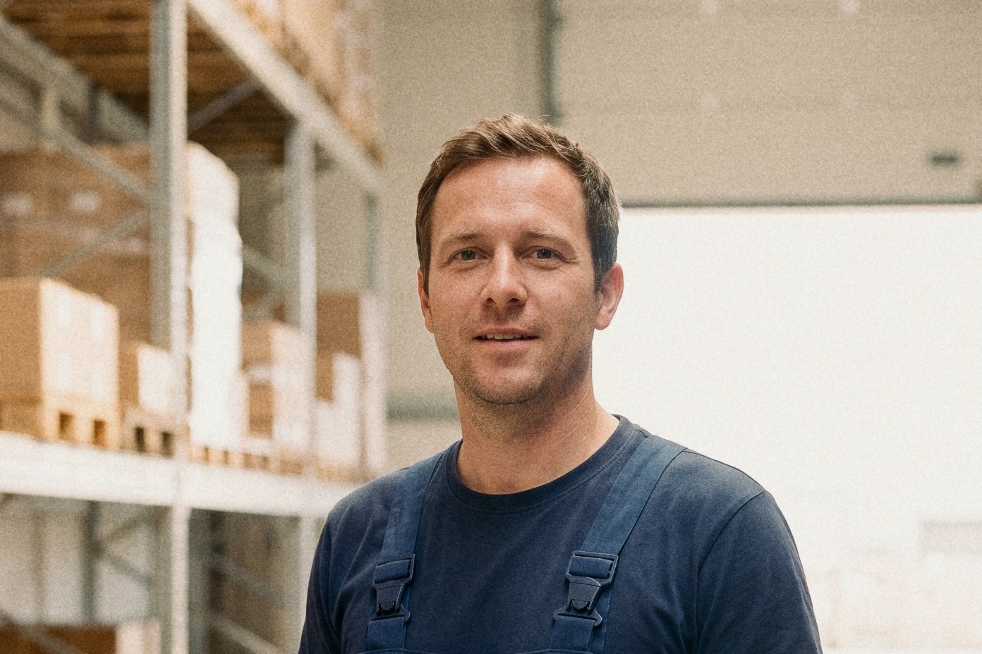 A warehouse operative in navy overalls standing in a bright aisle of pallet racking