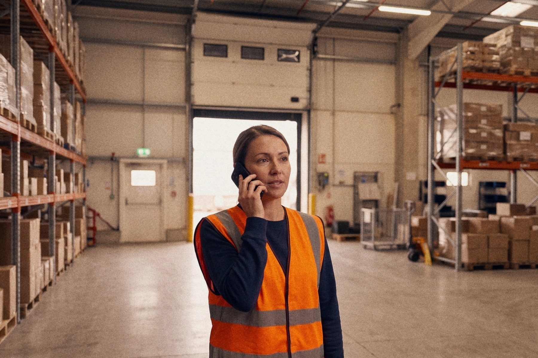 A woman in an orange hi-vis vest on a phone call in a distribution centre
