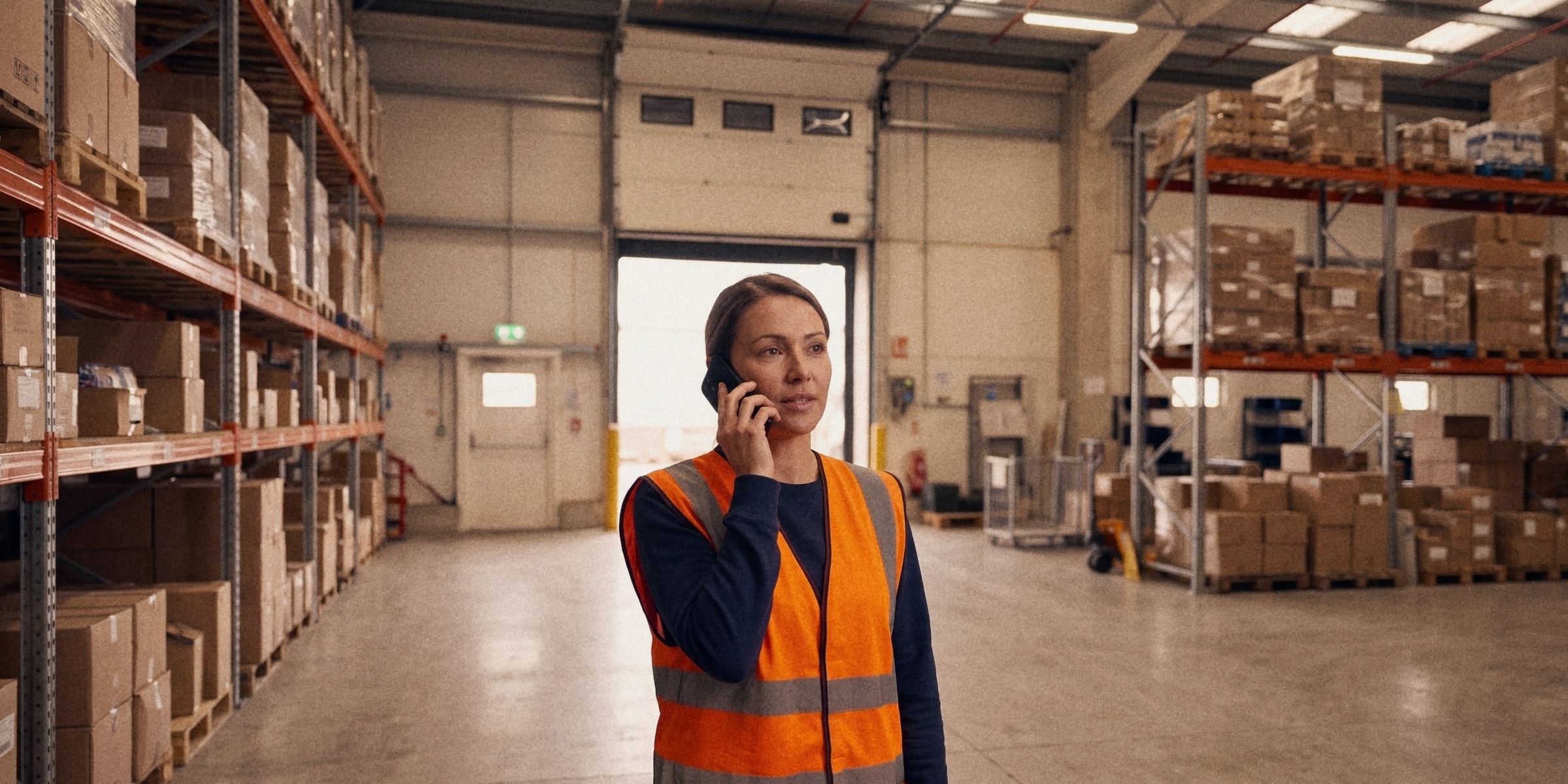 A woman in an orange hi-vis vest on a phone call in a distribution centre