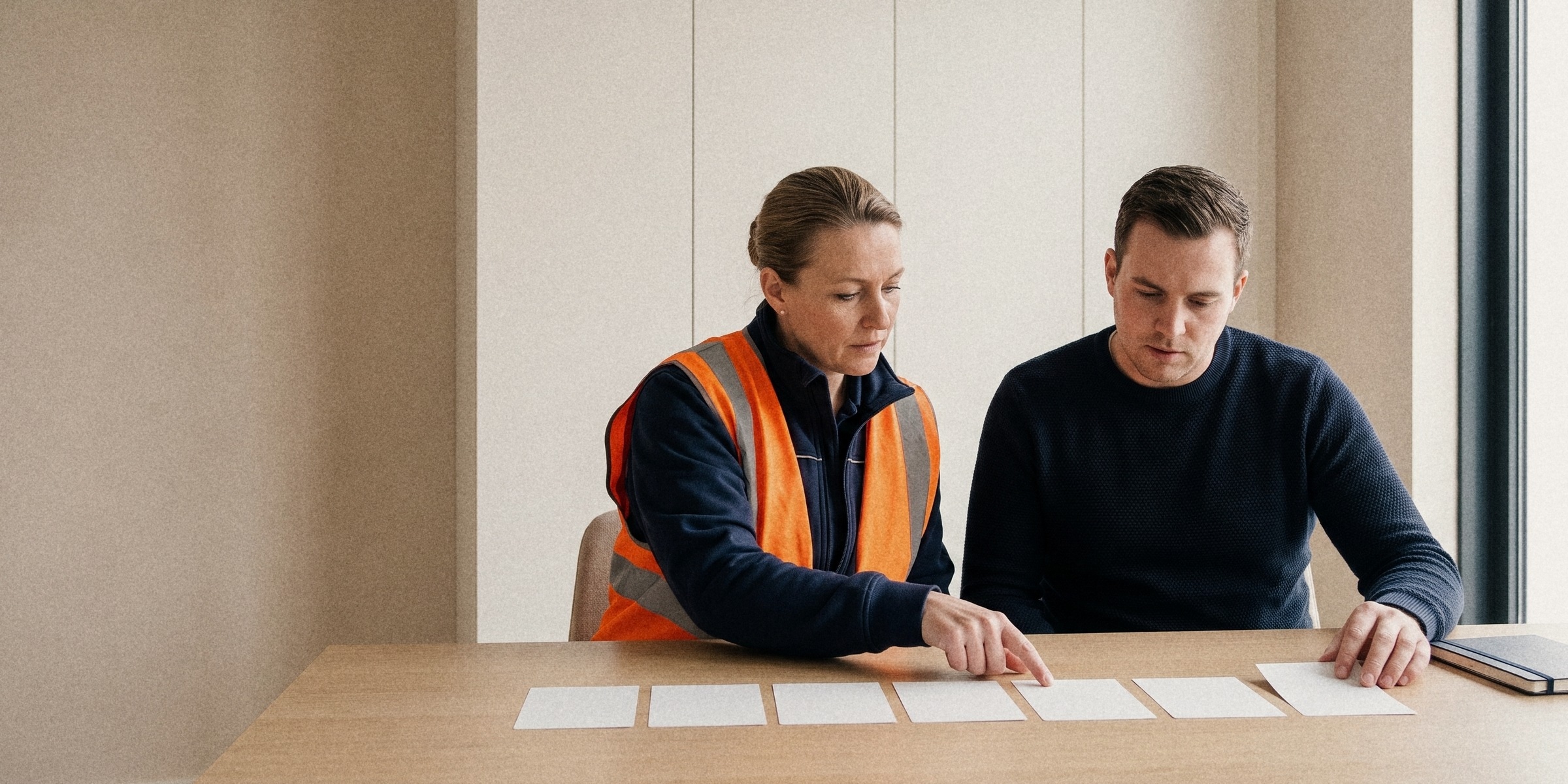 Two people at an oak table studying a row of blank cards