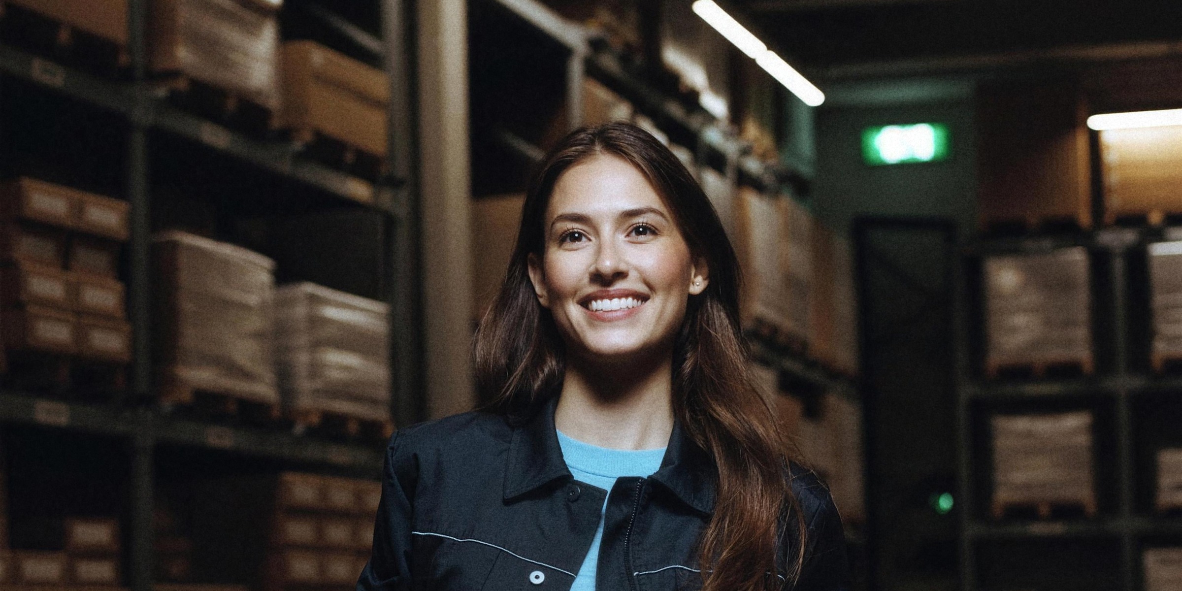 A smiling woman in a navy work jacket standing in a warehouse aisle