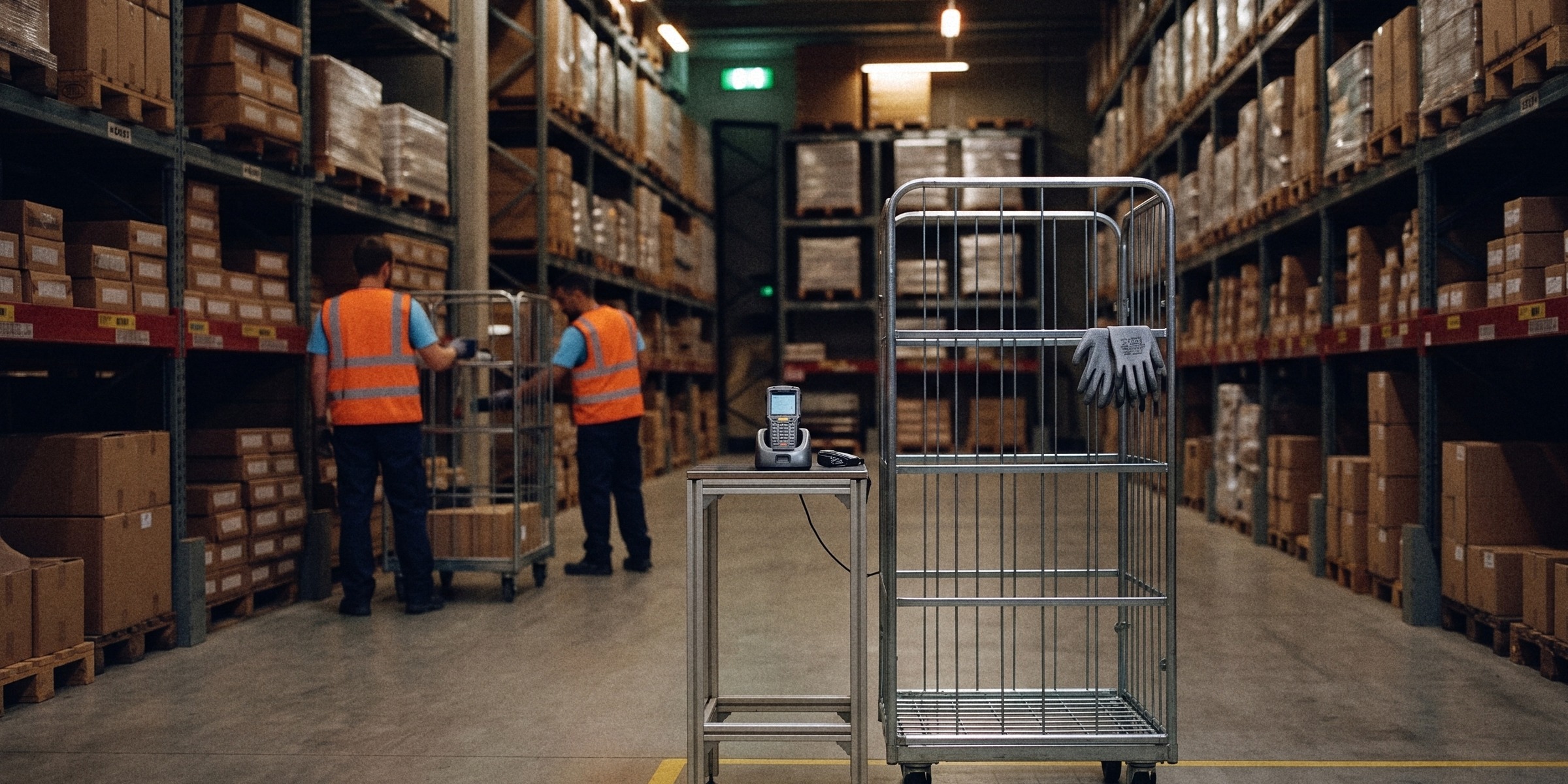 An empty pick station in a warehouse at night, the scanner in its cradle and gloves on an empty roll cage