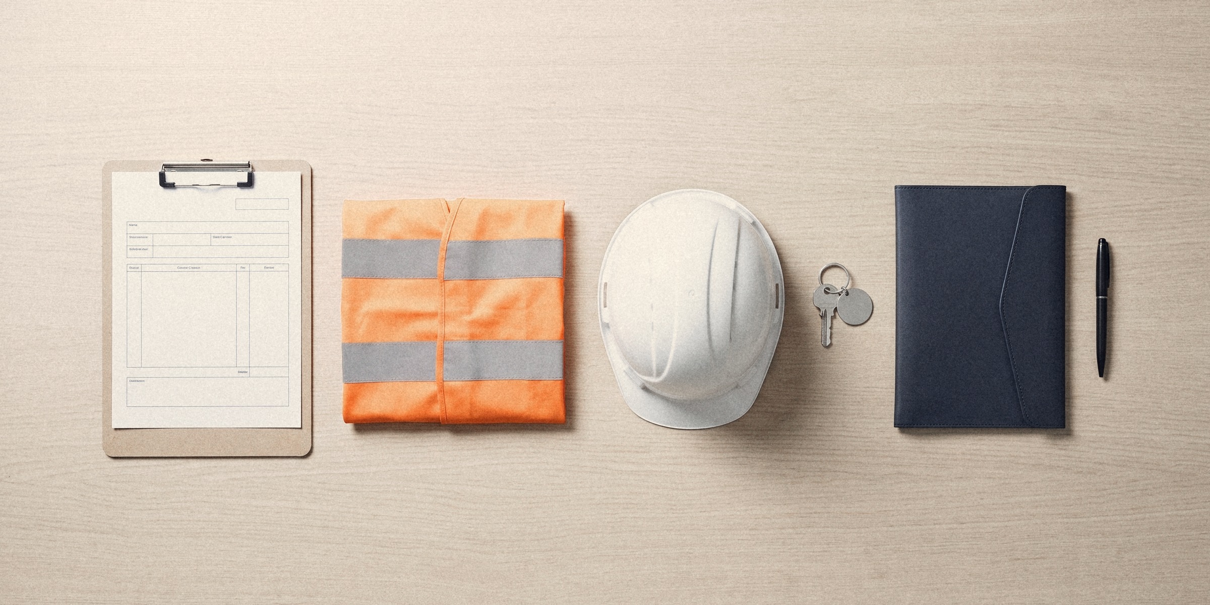 A clipboard, a folded hi-vis vest, a safety helmet, a locker key and a document wallet in a row on an oak desk