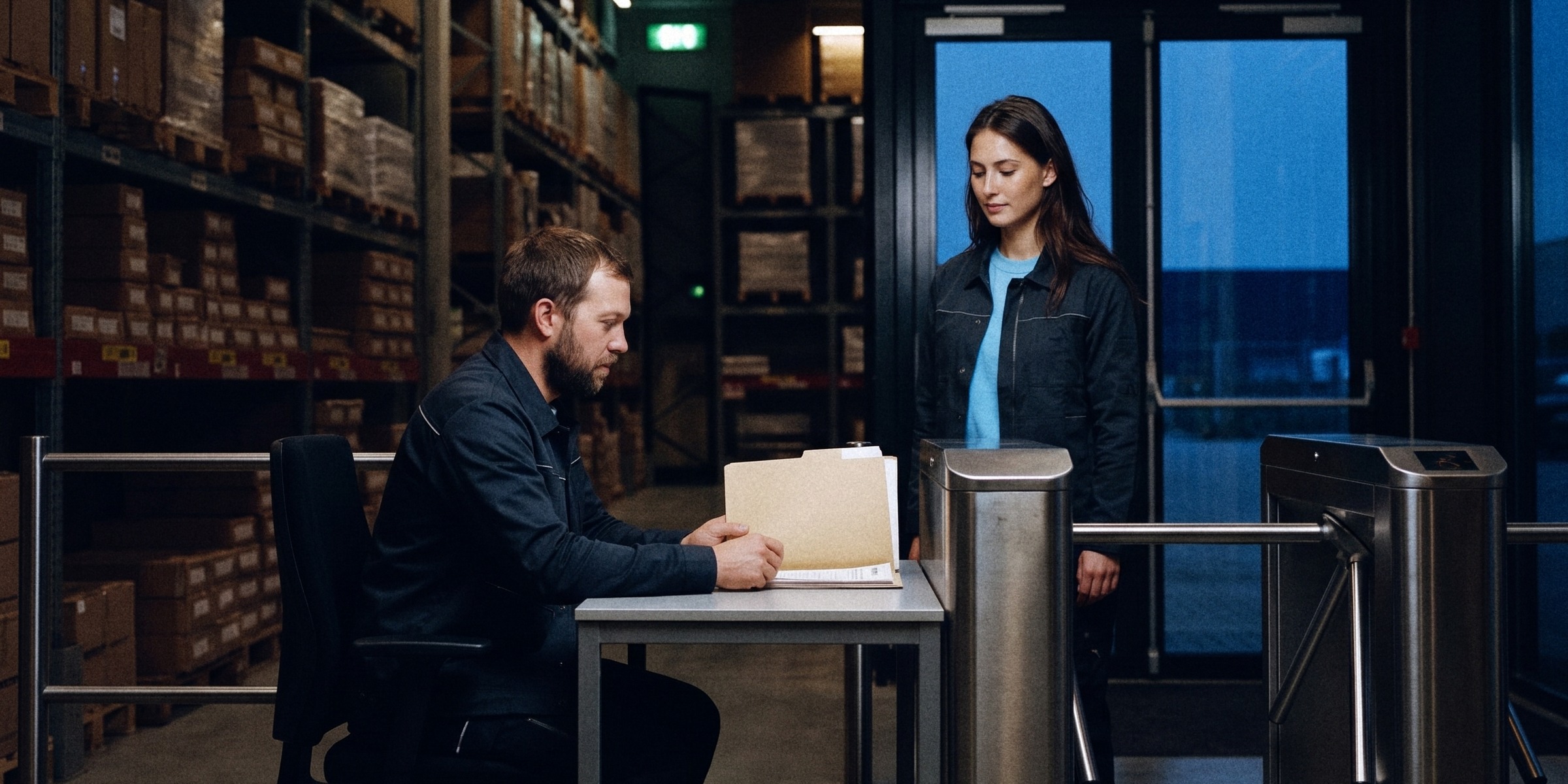 A gate officer checking a worker's document at the staff entrance of a distribution centre before dawn