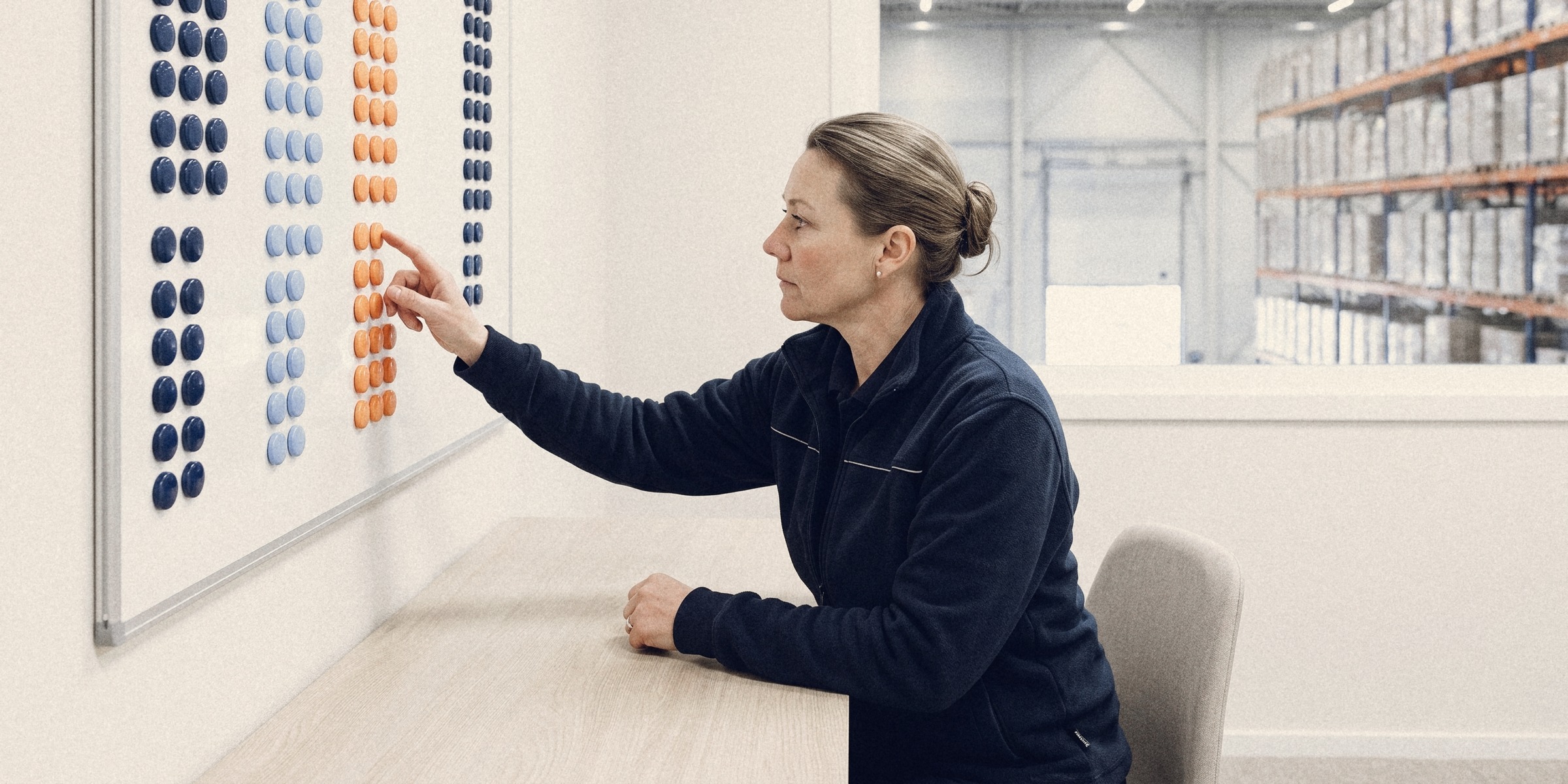 Een planner verschuift een magneet op een planbord dat per uitzendbureau is ingedeeld, met de magazijnvloer achter het raam