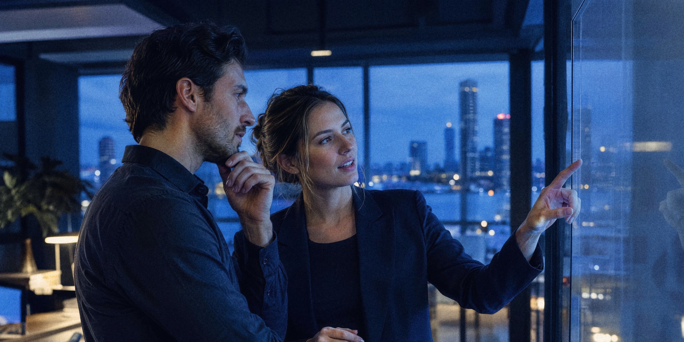 Two colleagues talking at a glass wall in an office at night