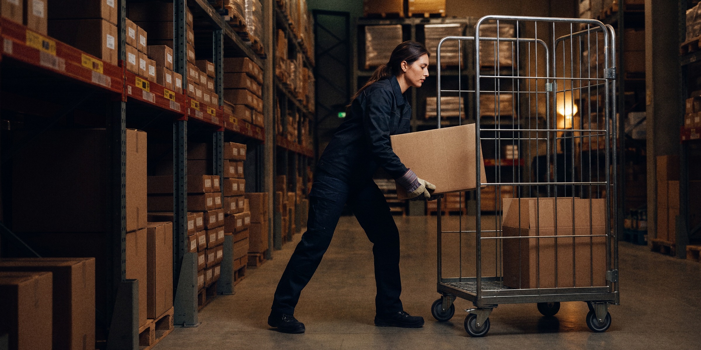 An order picker in a warehouse at night lifting a carton onto a roll cage
