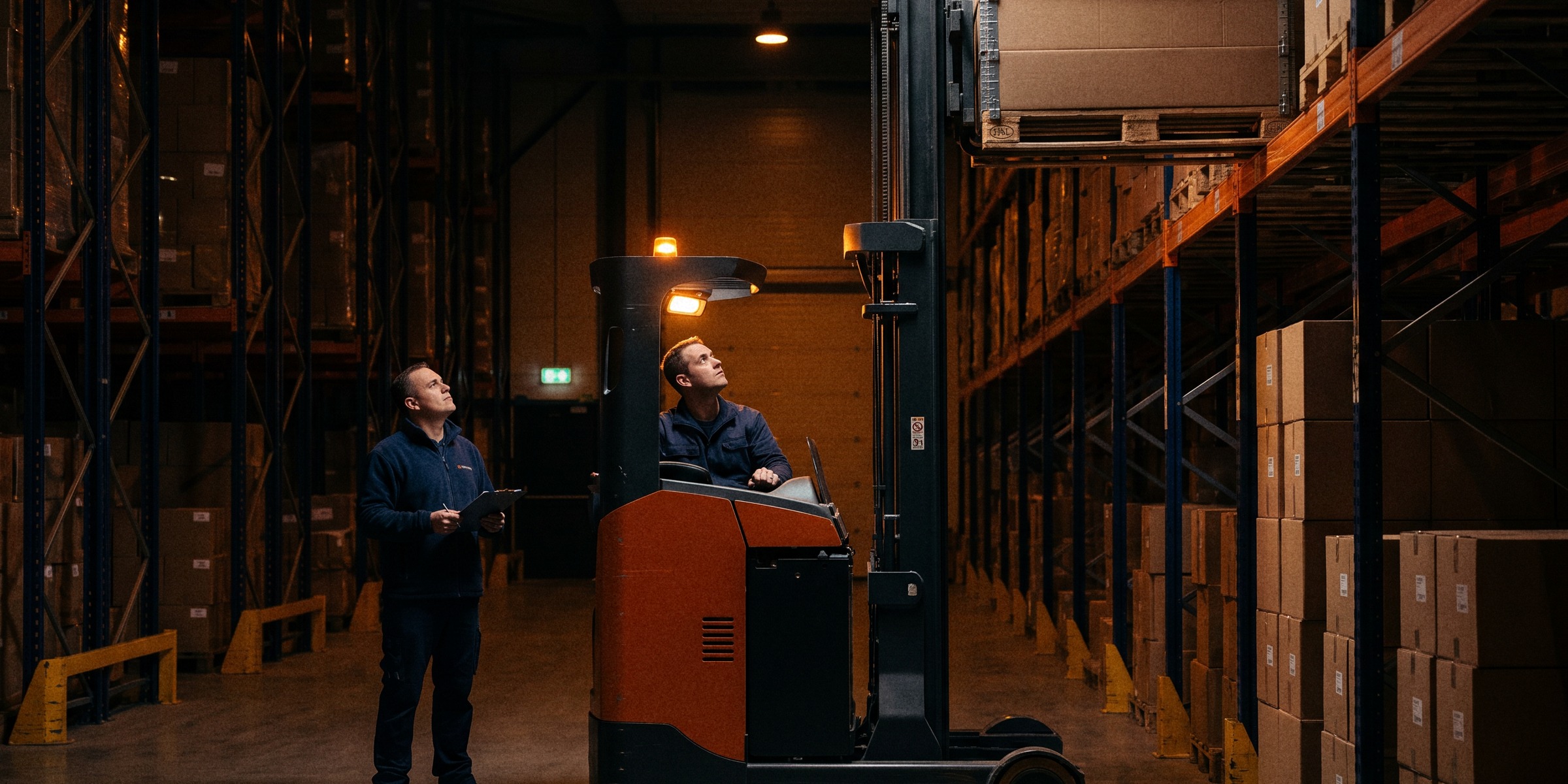 A reach truck driver placing a pallet at height while an assessor with a clipboard watches