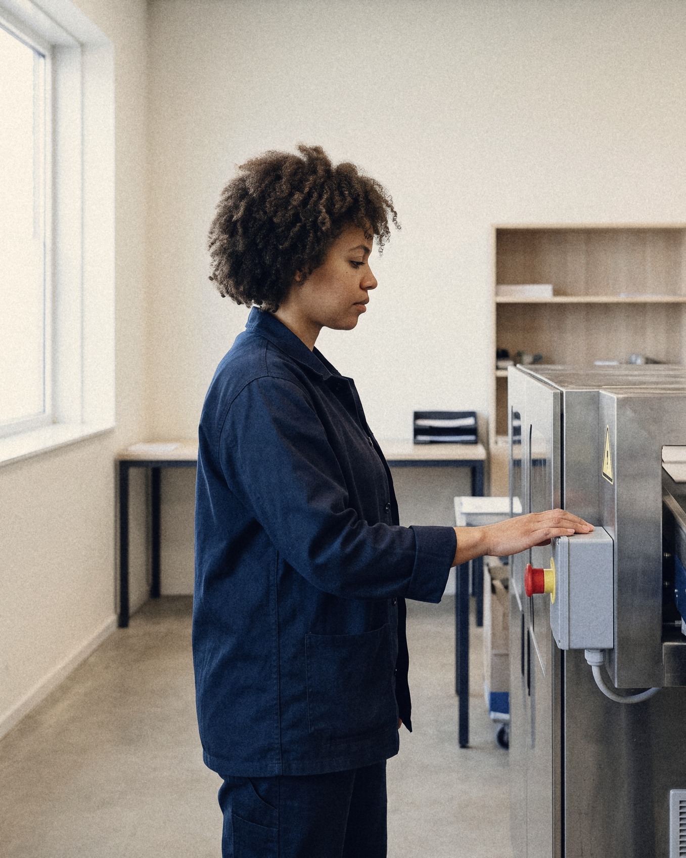 Een medewerker legt haar hand op de noodstop van een postsorteermachine terwijl de enveloppen over de band lopen