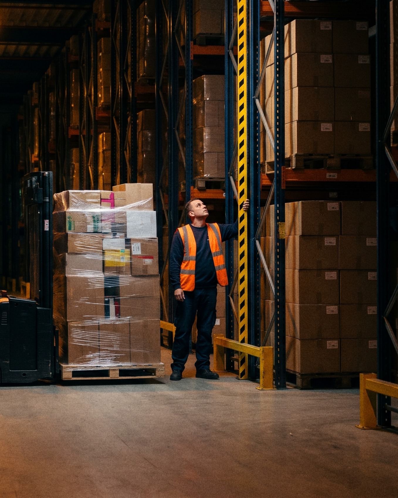 A picker looks up at the striped height gauge on the racking beside a tall, wrapped load on an electric pallet truck