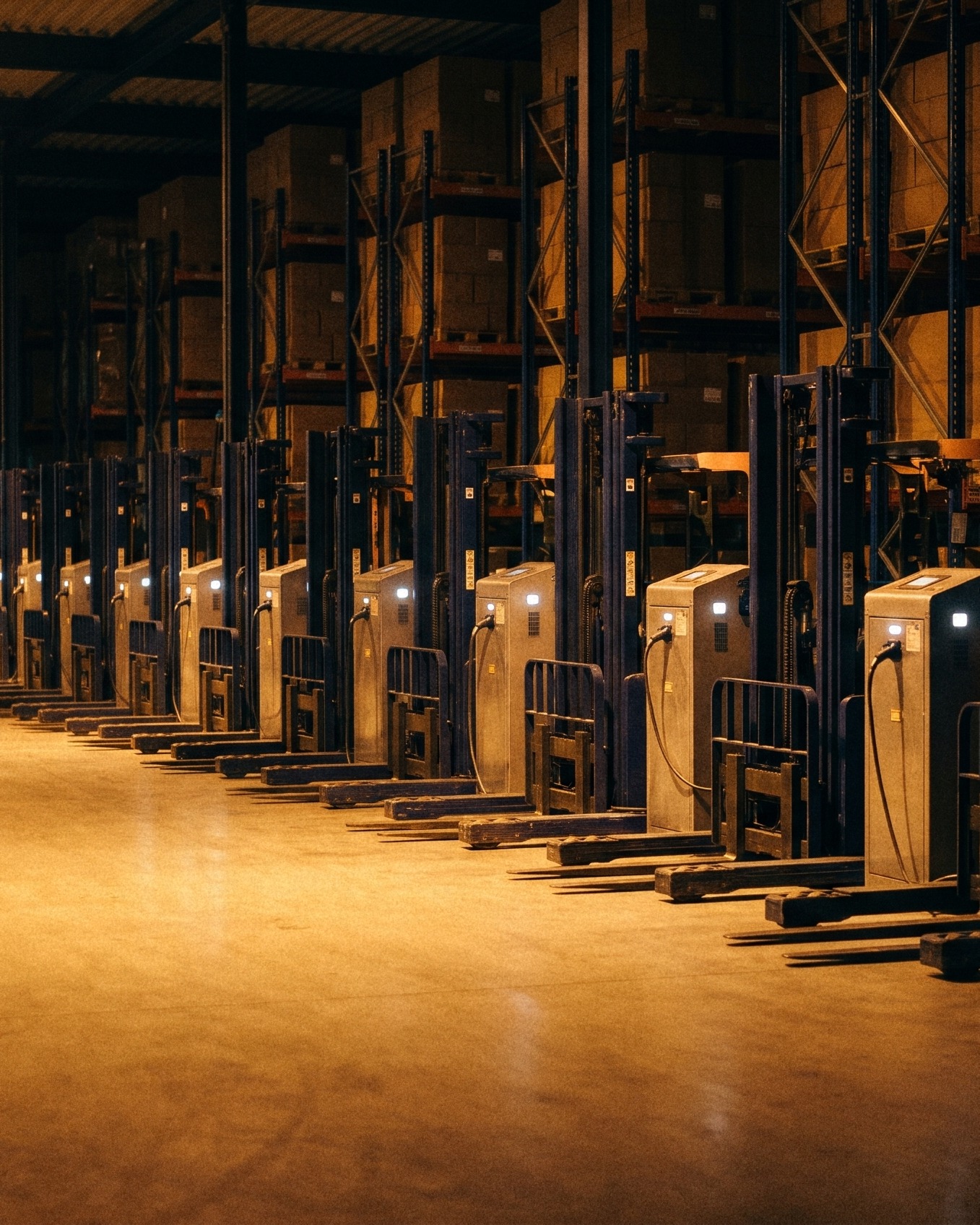 A long row of reach trucks stands at their chargers in a warehouse at night, small charge lights glowing