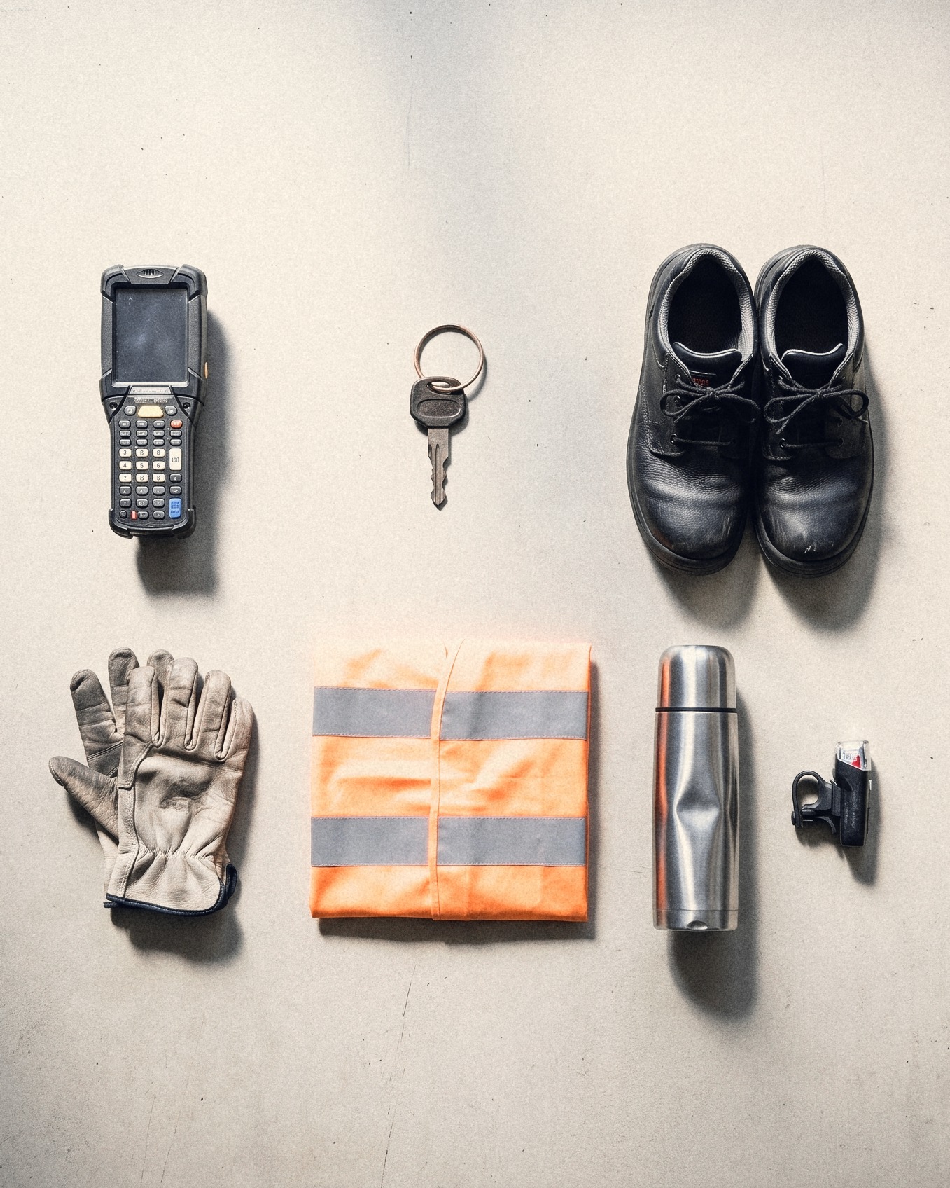 Top down on a warehouse floor between yellow lines: a scanner, a truck key, safety shoes, gloves, a hi-vis vest, a thermos and a bike light