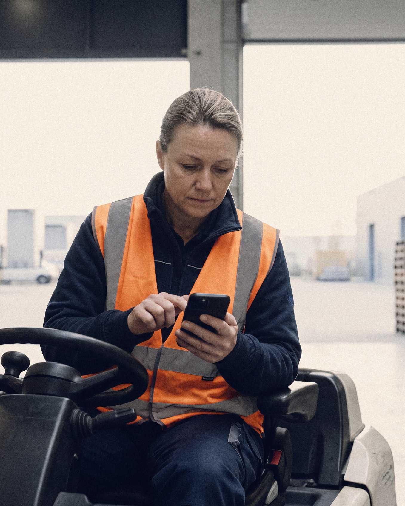 A worker in a hi-vis vest sits on her parked forklift at the dock door, filling something in on her phone