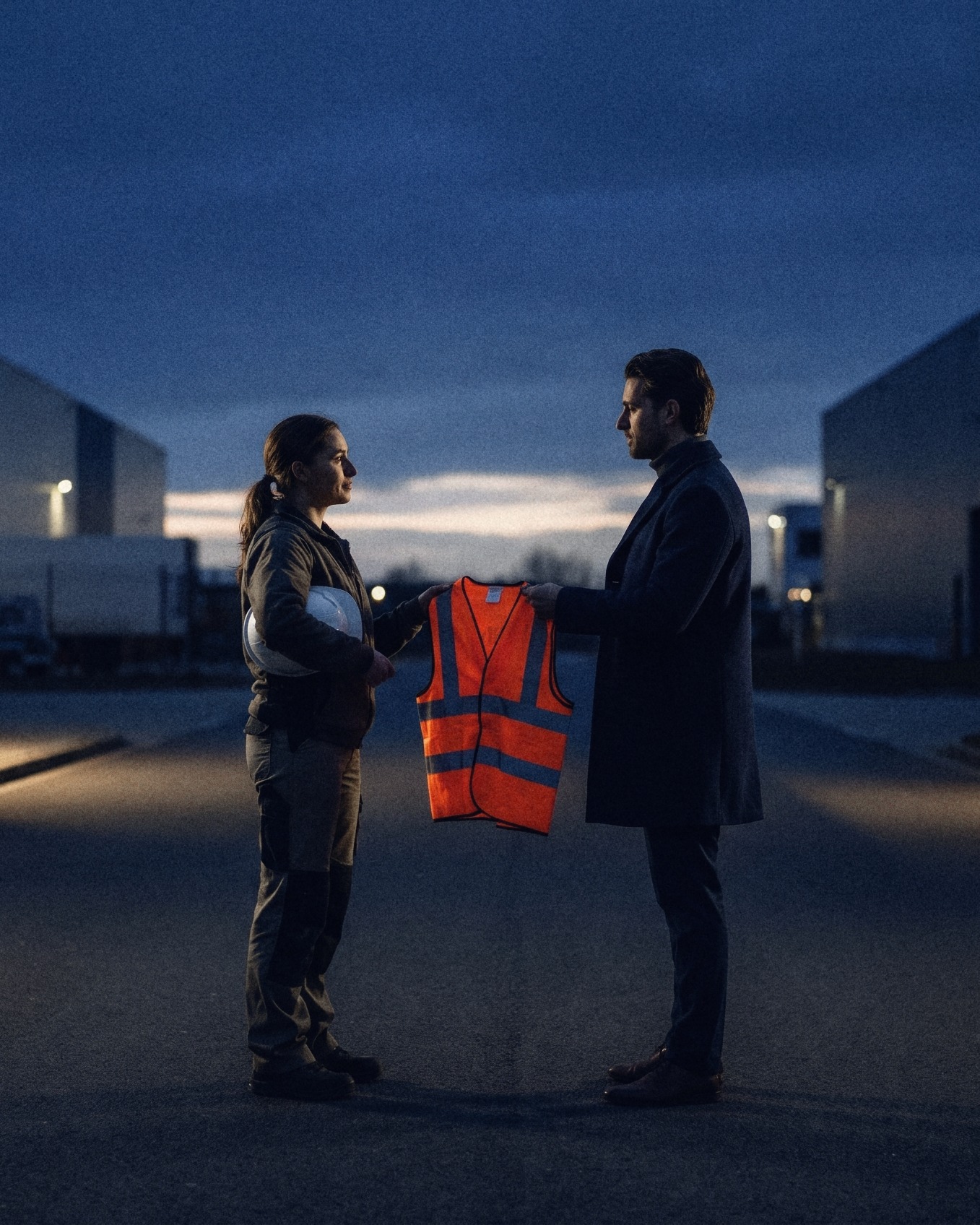 At dusk on a road between two distribution centres, an agency consultant hands a worker a fresh hi-vis vest for her next site
