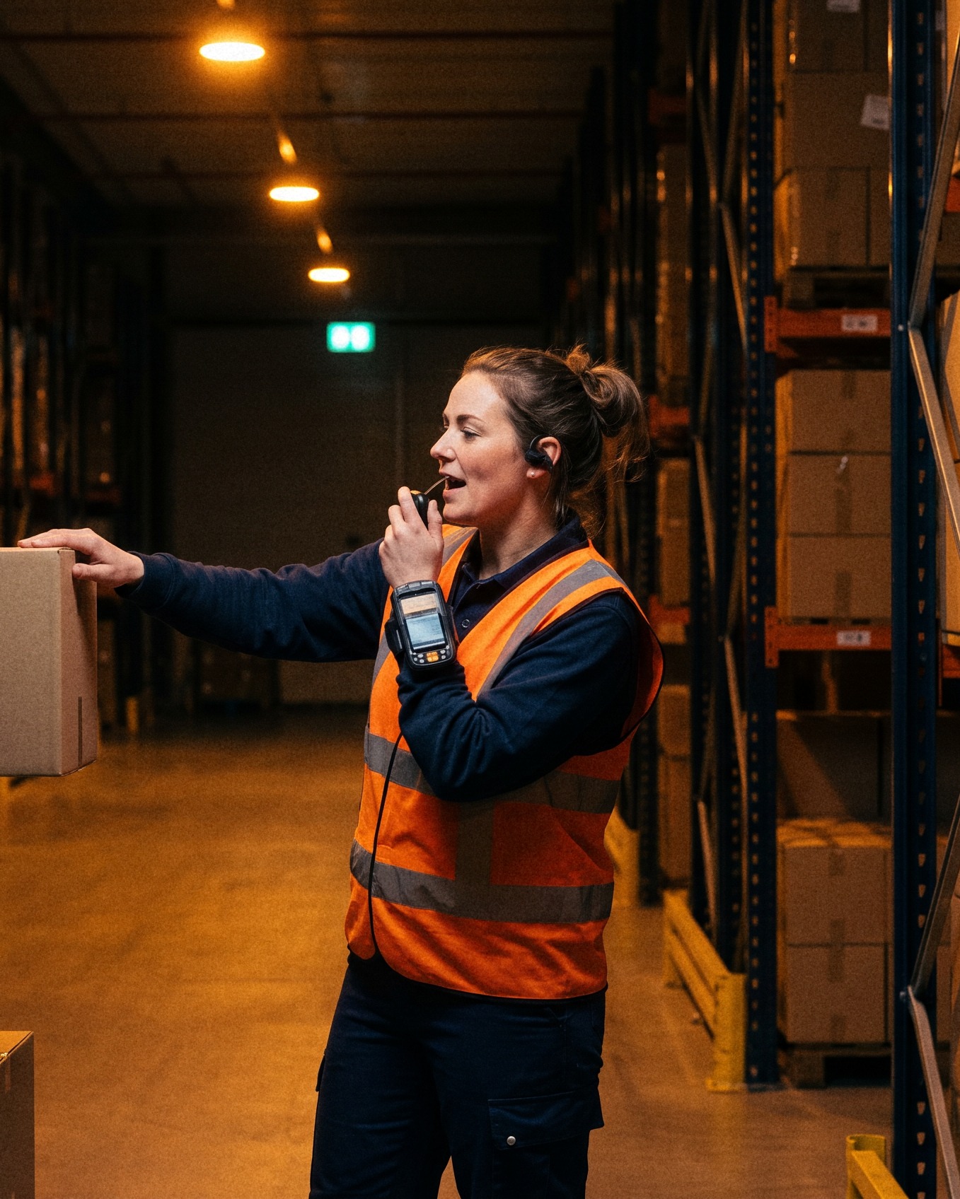 A night-shift order picker with a voice picking headset and a wrist scanner reaches for a carton, speaking to the system