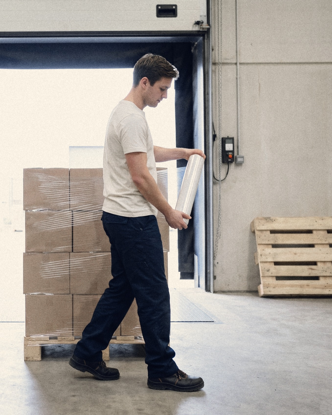 In a practical interview at a dock door, a candidate stretch-wraps a pallet while the interviewer watches with folded arms and a clipboard