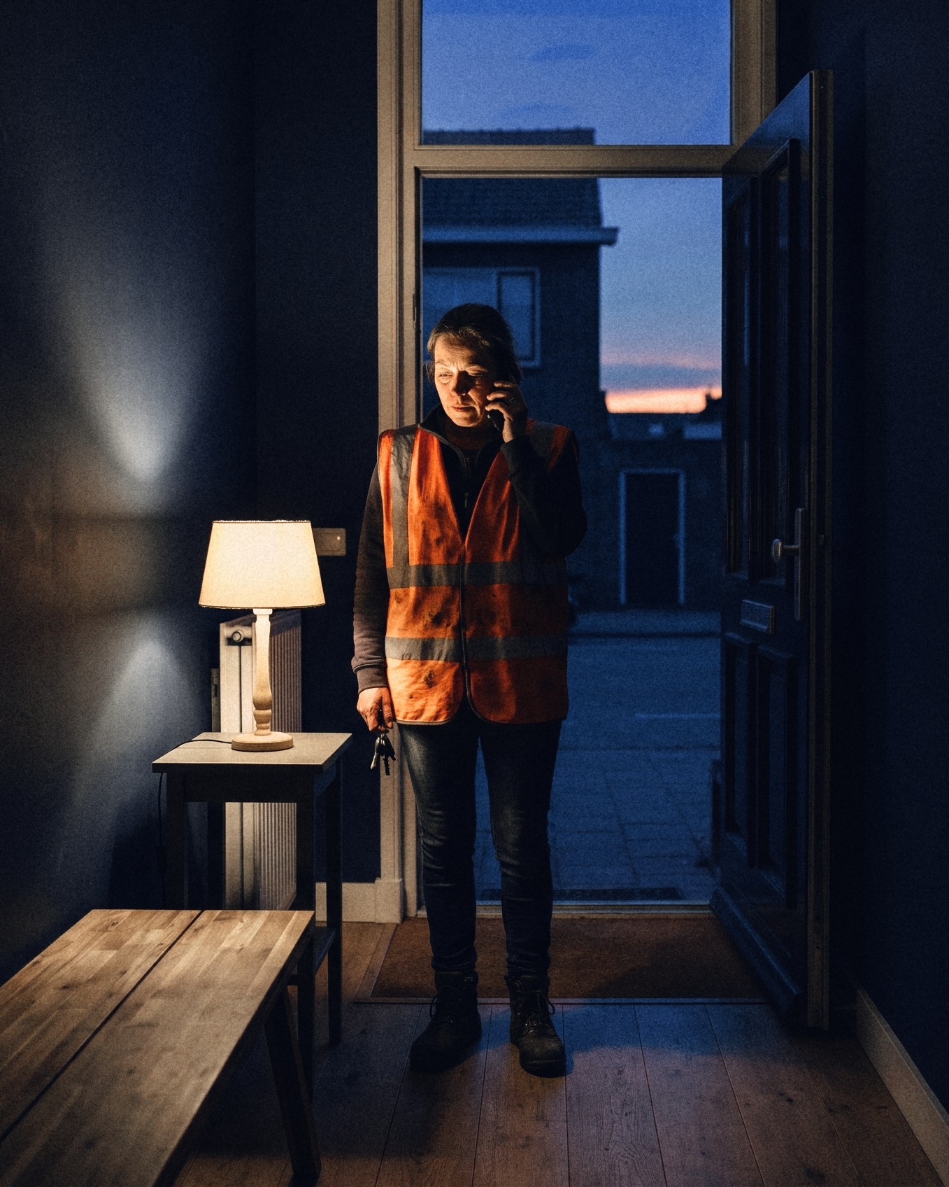Just home from her shift and still in her hi-vis vest, a worker answers a phone call in the hallway at dusk, keys in hand