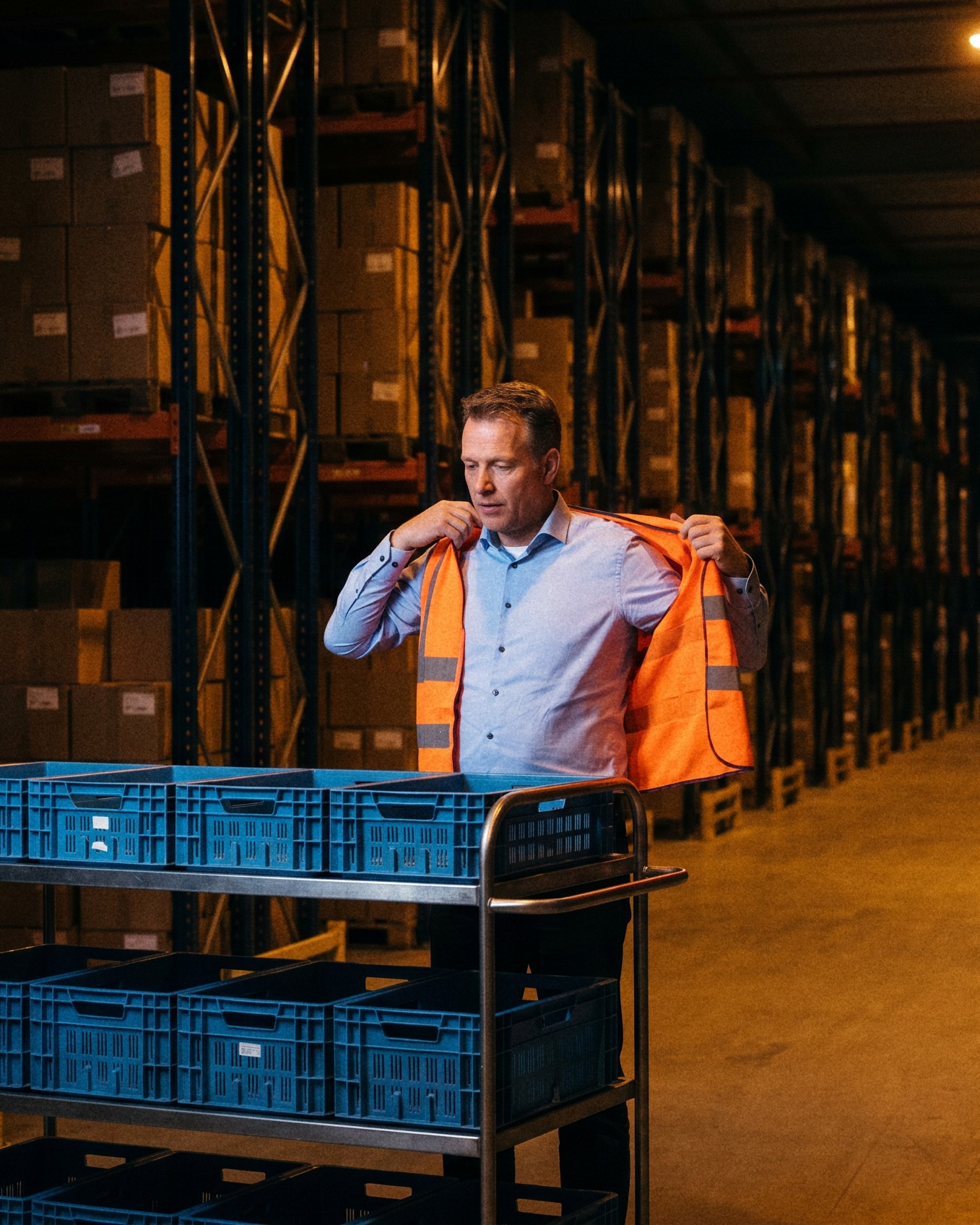 Een vestigingsmanager in een lichtblauw overhemd trekt naast een orderpickkar met blauwe kratten een hesje aan, klaar om een dienst over te nemen