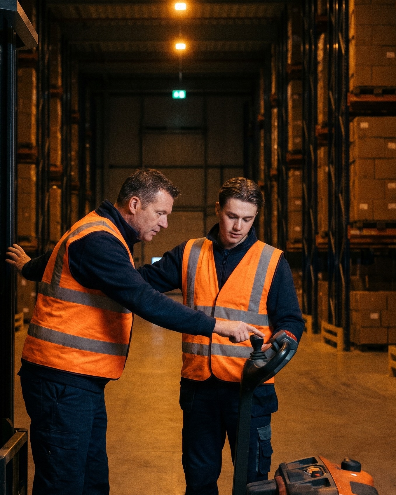 Een instructeur laat een nieuwe medewerker in een nieuw oranje hesje voor de eerste dienst de bediening van een reachtruck zien