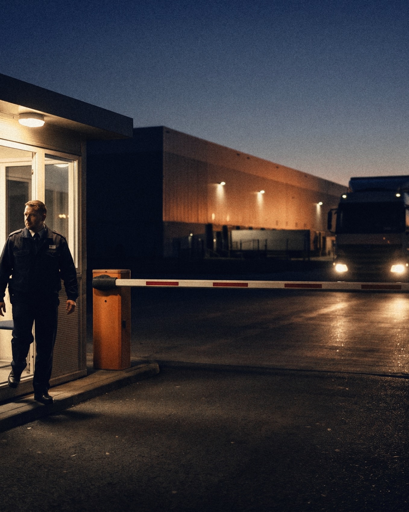 A security officer steps out of a lit gatehouse toward the barrier as a truck's headlights approach at night