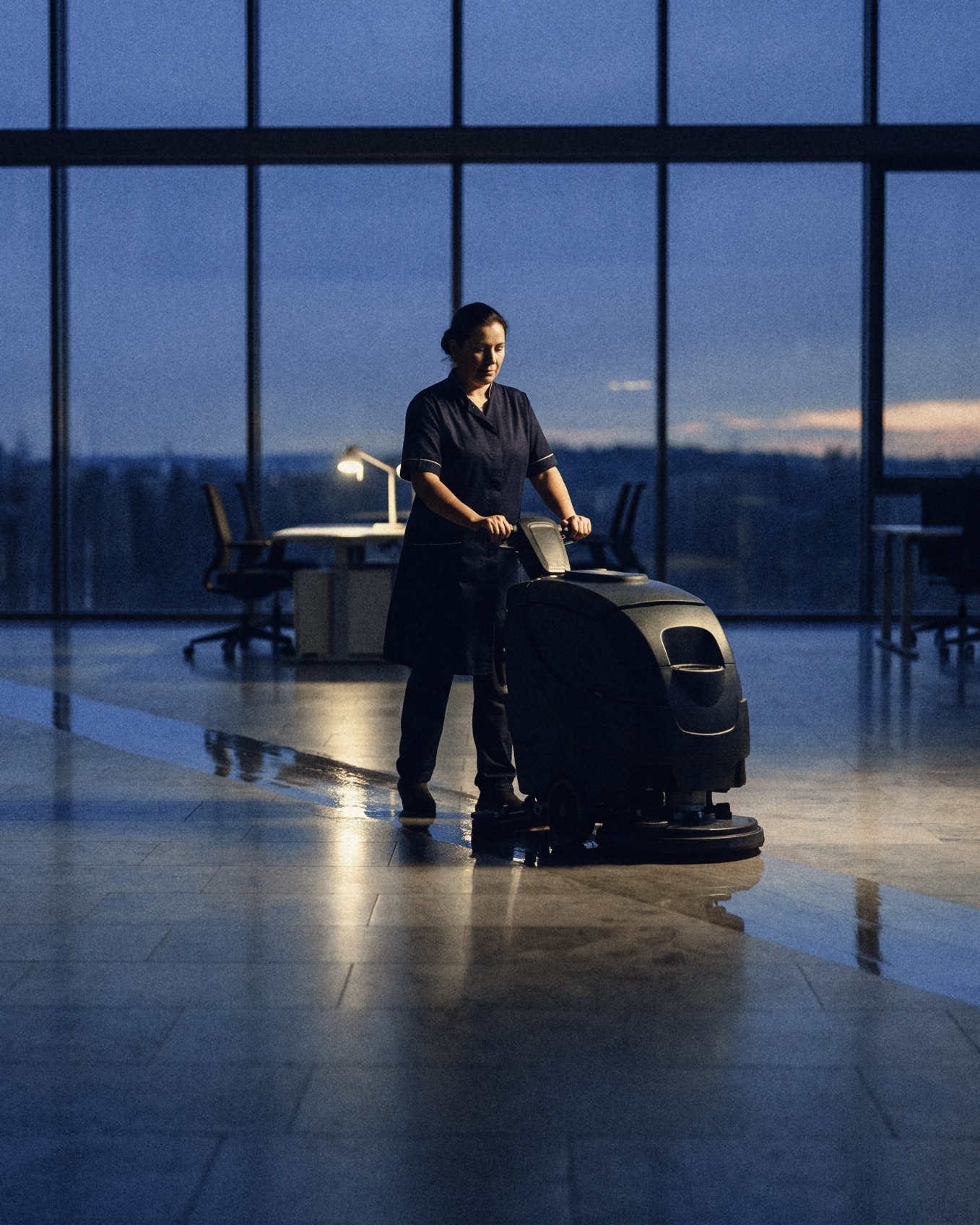Een schoonmaker stuurt bij dageraad een schrobmachine over de gepolijste vloer van een kantooratrium, de natte vloer weerspiegelt de ramen