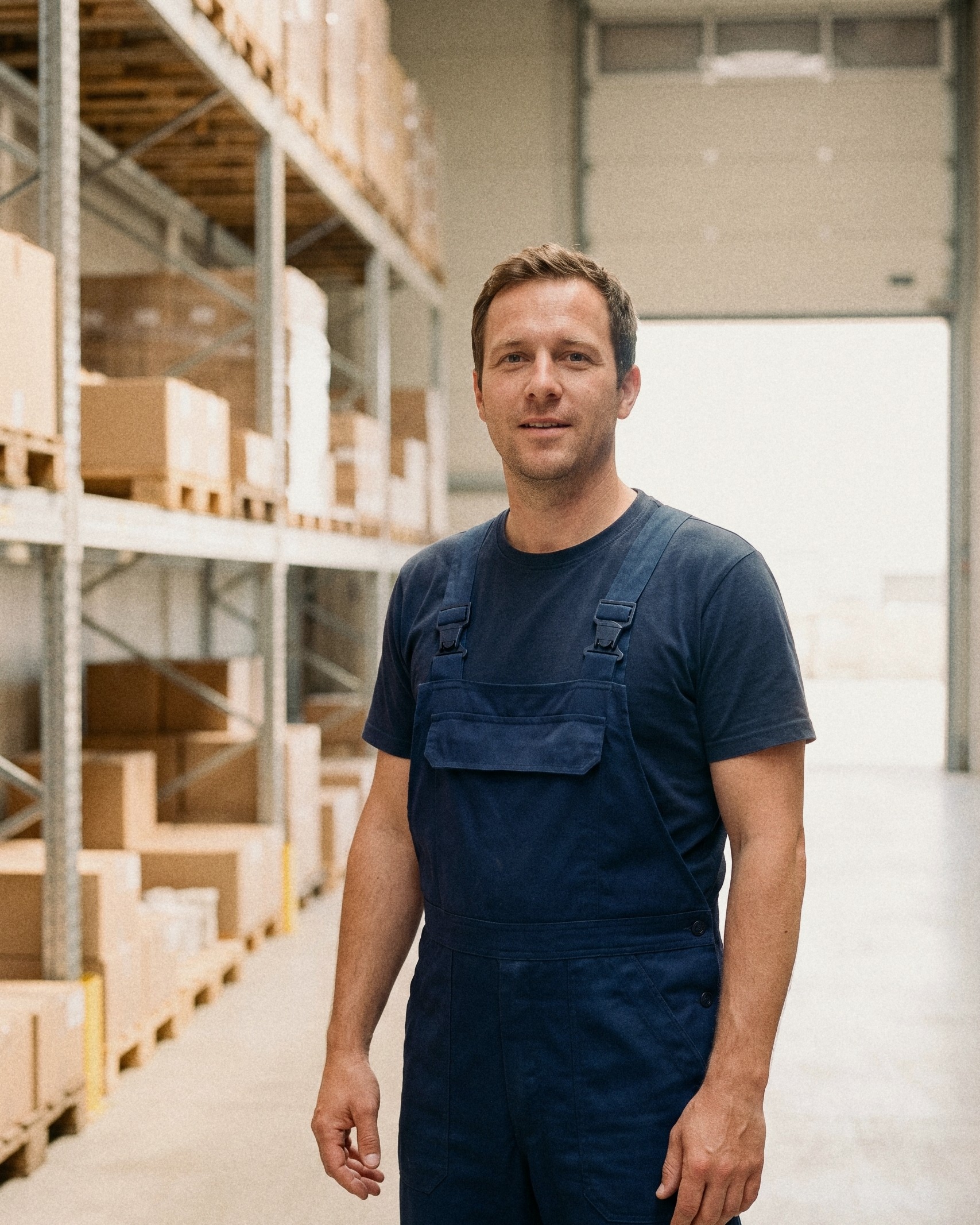 A warehouse operative in navy overalls standing in a bright aisle of pallet racking