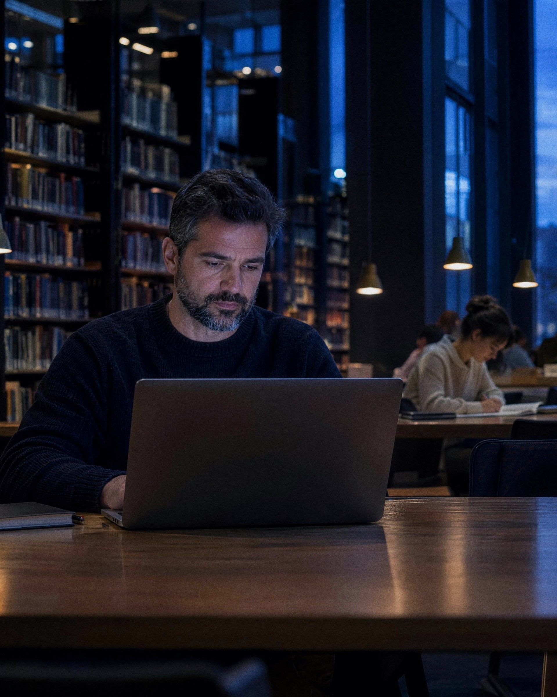 A grey-bearded man working late on a laptop in a library at blue hour