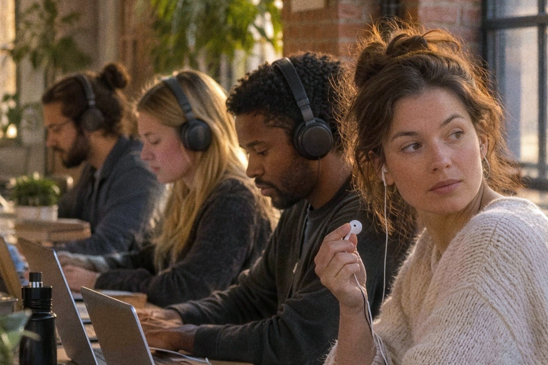 Four people at laptops along one table, three in headphones; a woman in a cream knit holds out one earbud and glances aside