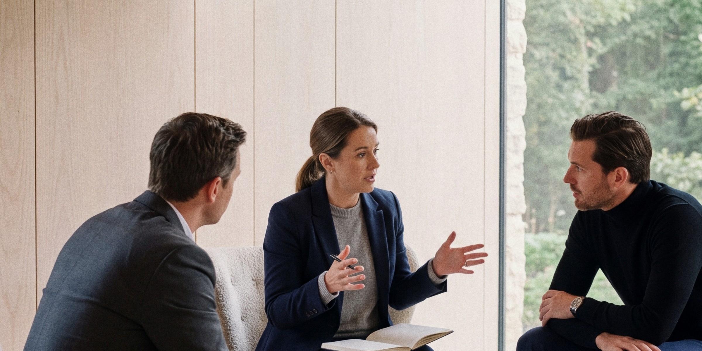 A woman in a navy blazer makes a point in a meeting by a tall window as a colleague listens