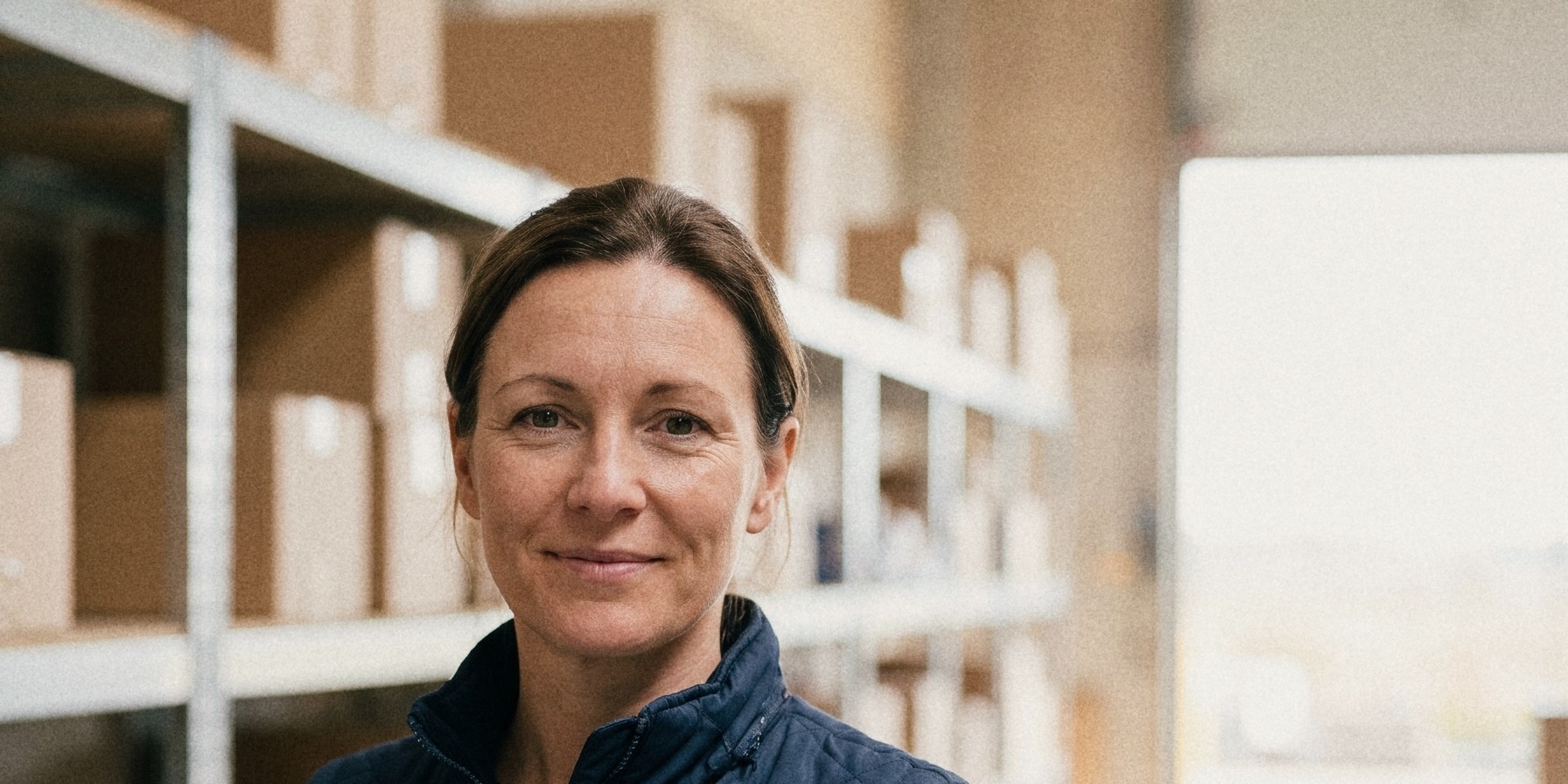 Een vrouw in een marineblauwe gewatteerde bodywarmer, in een licht gangpad van een magazijn