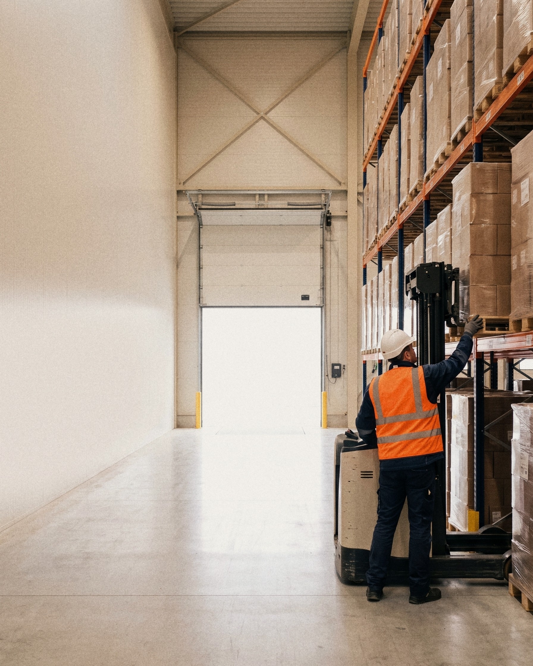An operator in a hard hat and hi-vis vest beside a reach truck, reaching up to a pallet under high racking