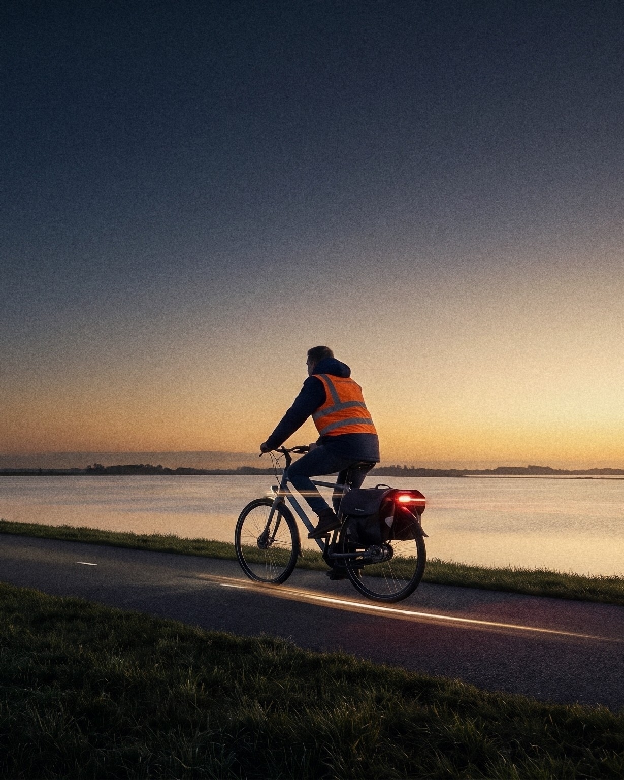 Een fietser in een veiligheidshesje rijdt over een dijk onder een lage, amberkleurige lucht