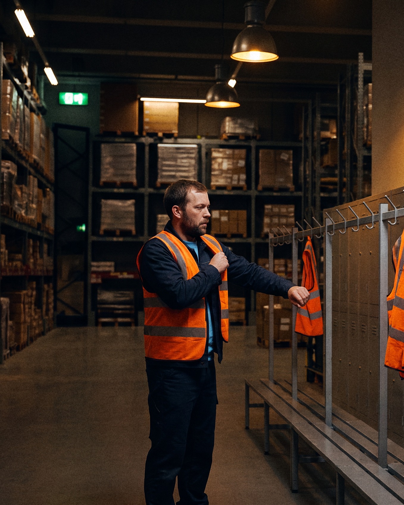 Hi-vis vests still hanging by the lockers at the start of a shift, one worker pulling on a vest