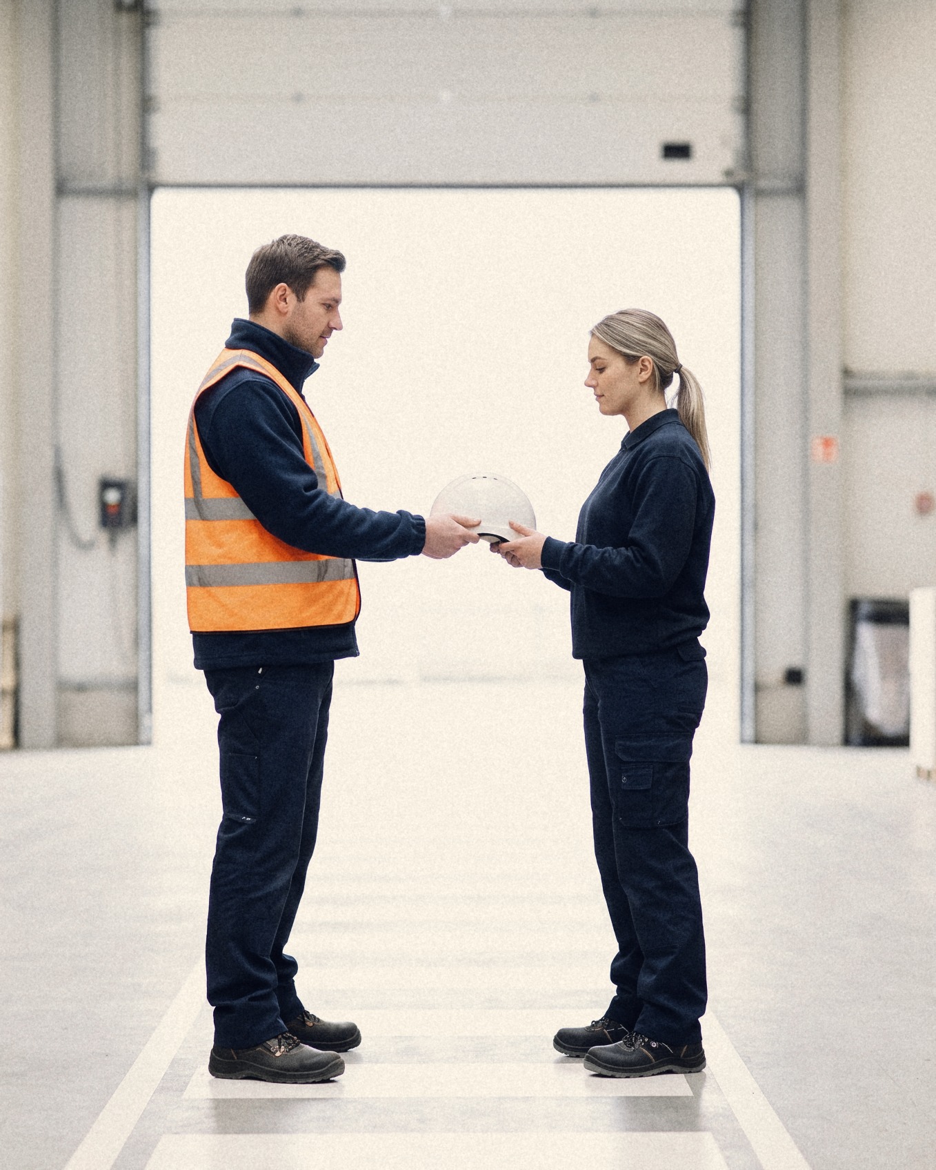 A shift lead in a hi-vis vest handing a safety helmet to a new starter at the entrance to the warehouse floor