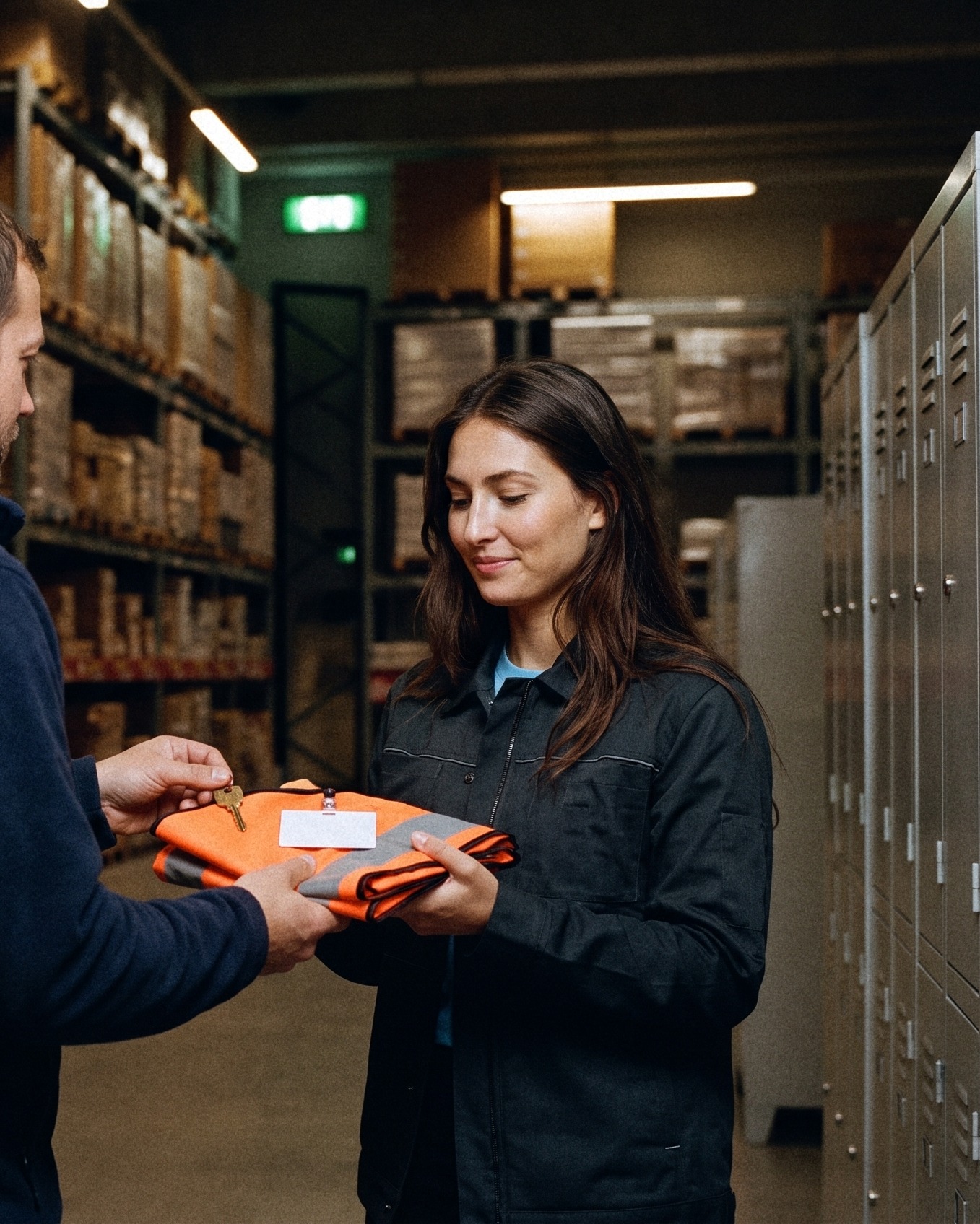 A host handing a new starter a folded hi-vis vest, a locker key and a site badge on her first shift