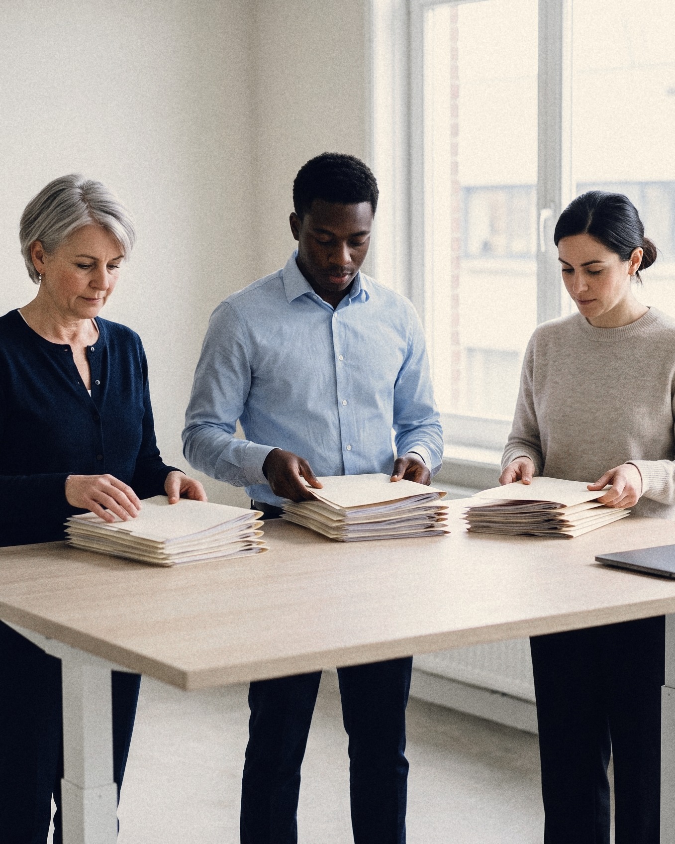 Three colleagues dividing a stack of candidate folders into three piles, a closed laptop beside them