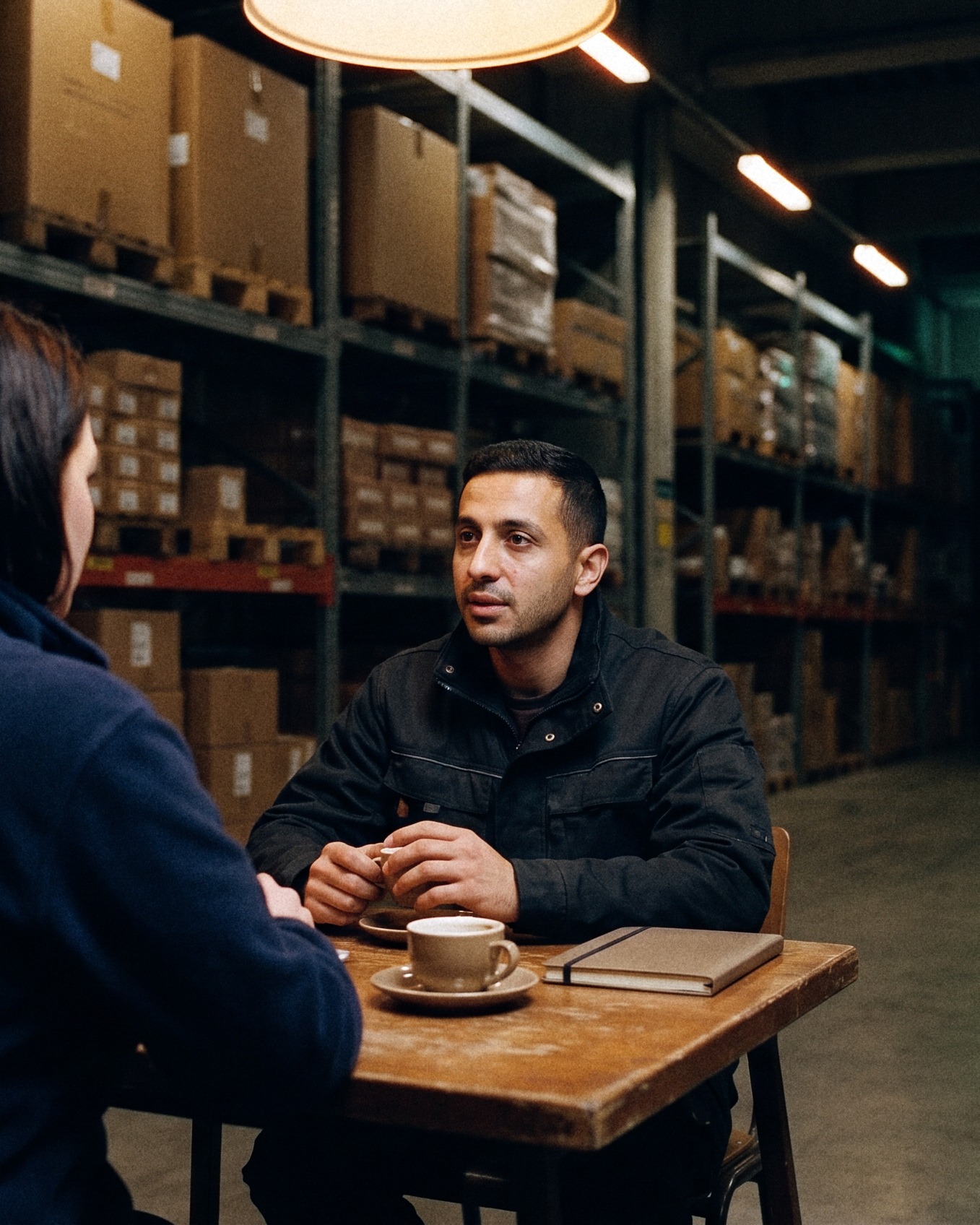 A job interview at a small table in a warehouse canteen, the candidate listening across the table